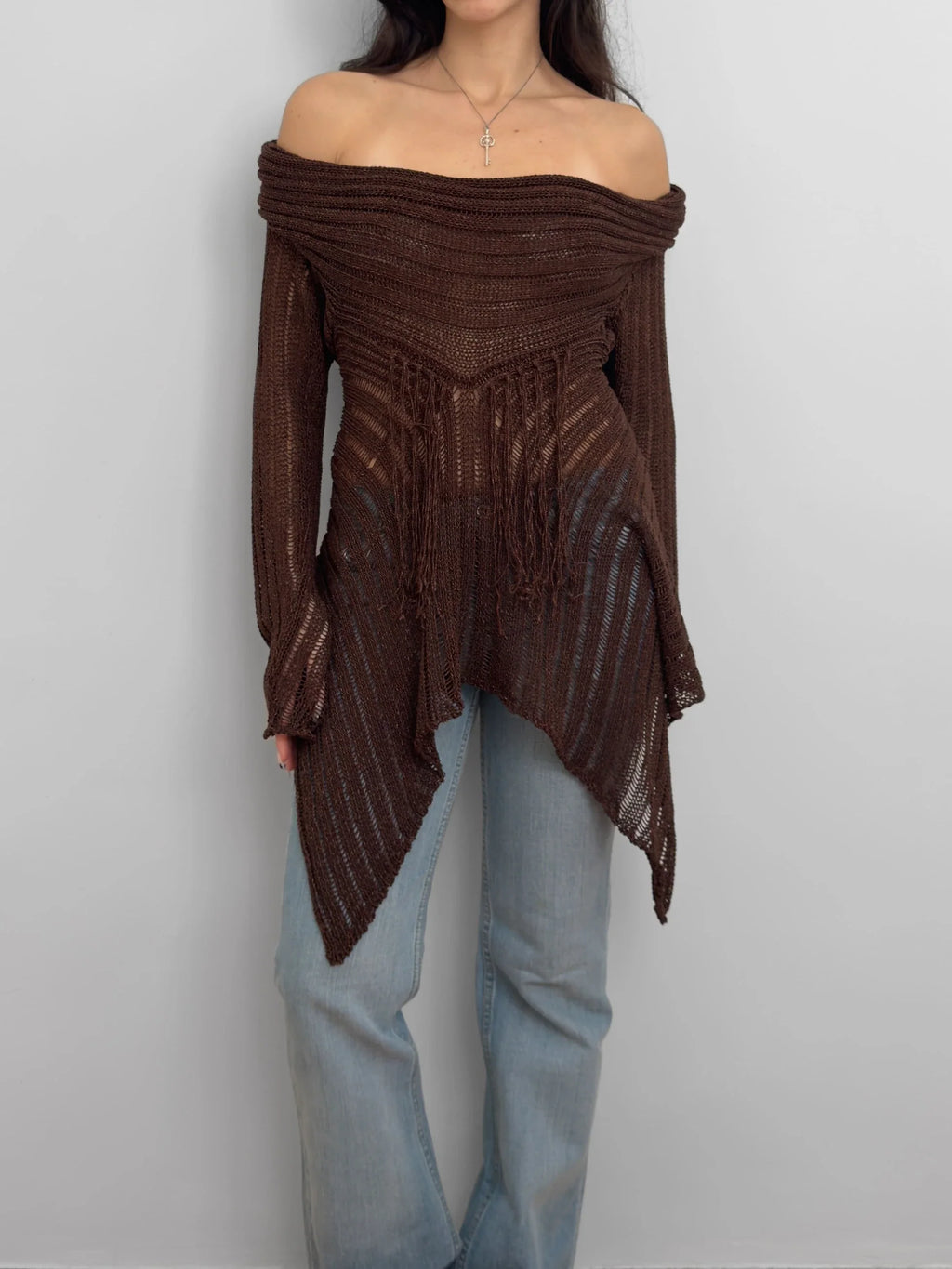 Brown Pointelle Sweater