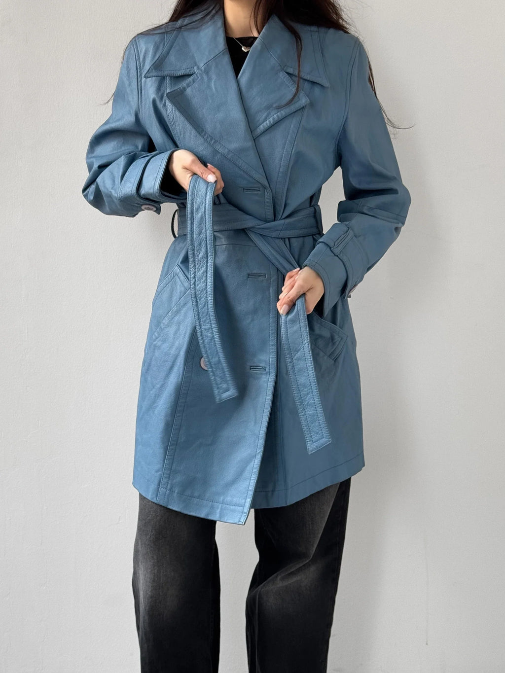 Blue Leather Trench Coat