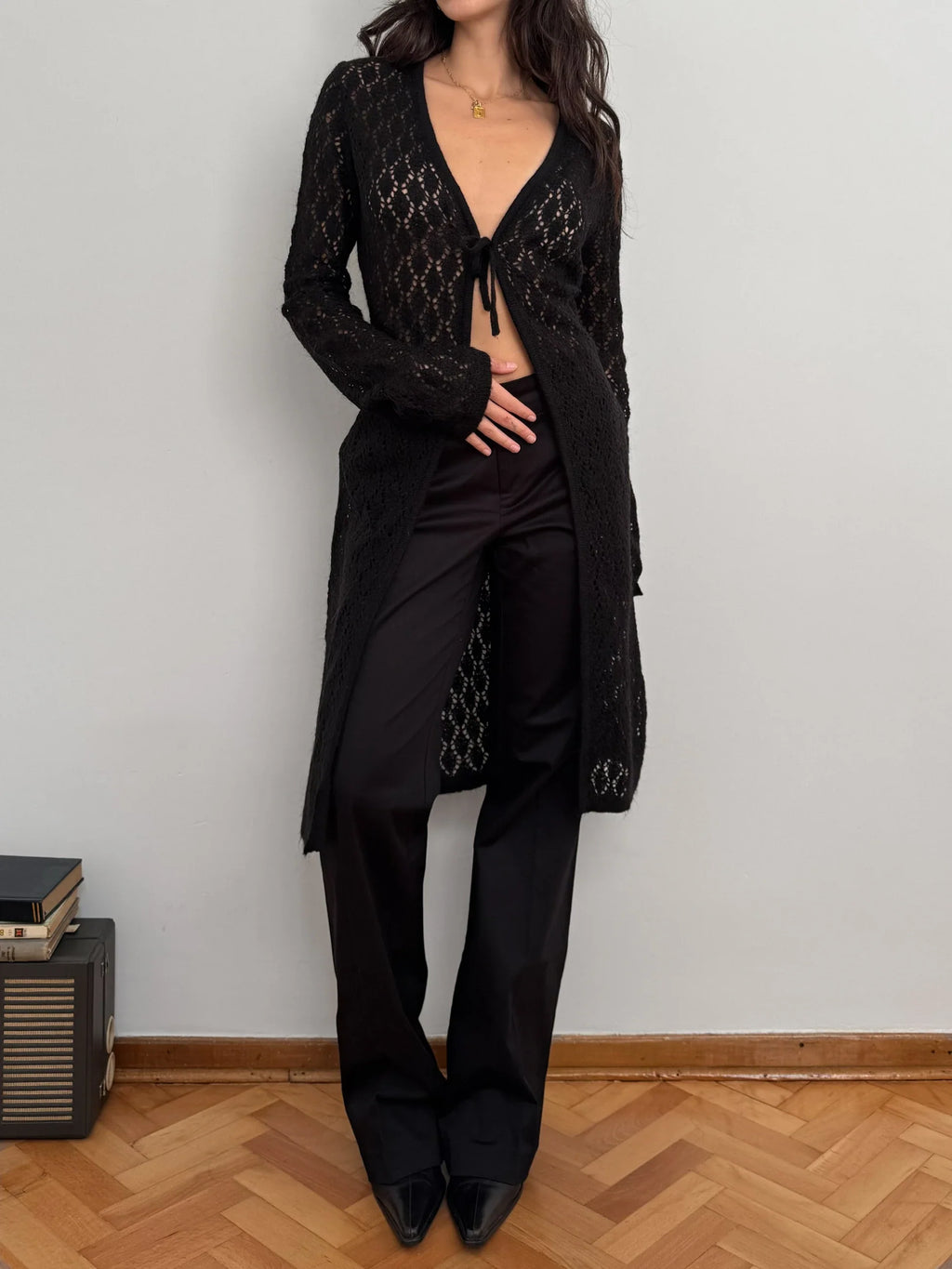 Black Pointelle Mohair Cardigan