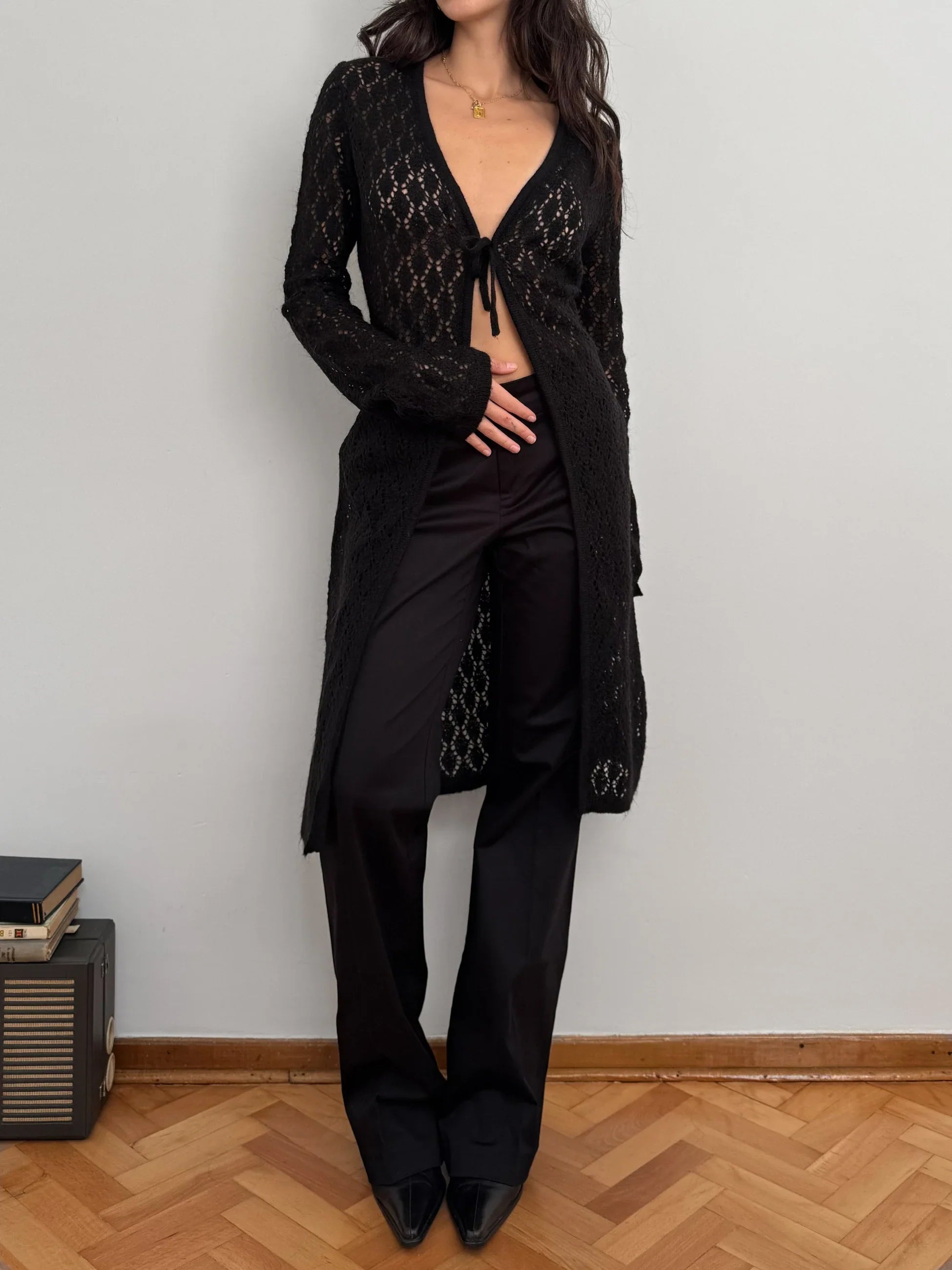 Black Pointelle Mohair Cardigan