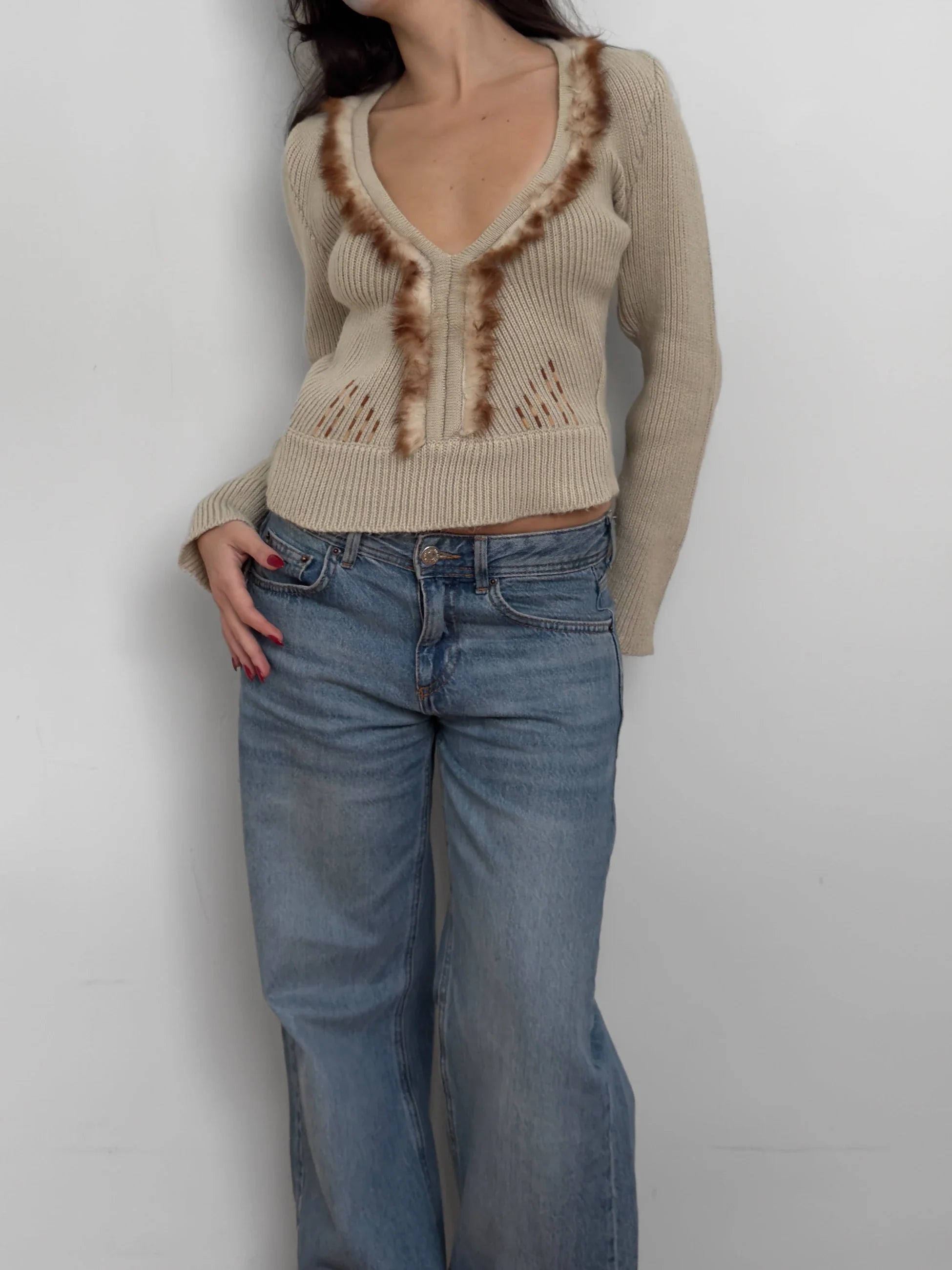 Feather-Detailed Beige Sweater