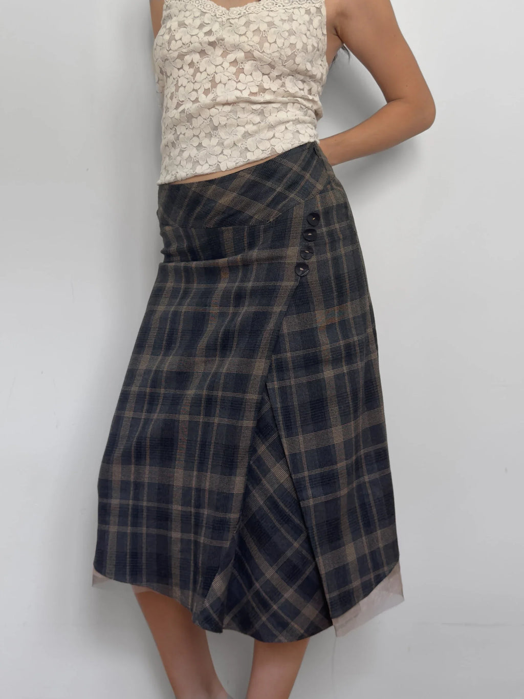 Tulle-Detailed Checked Skirt