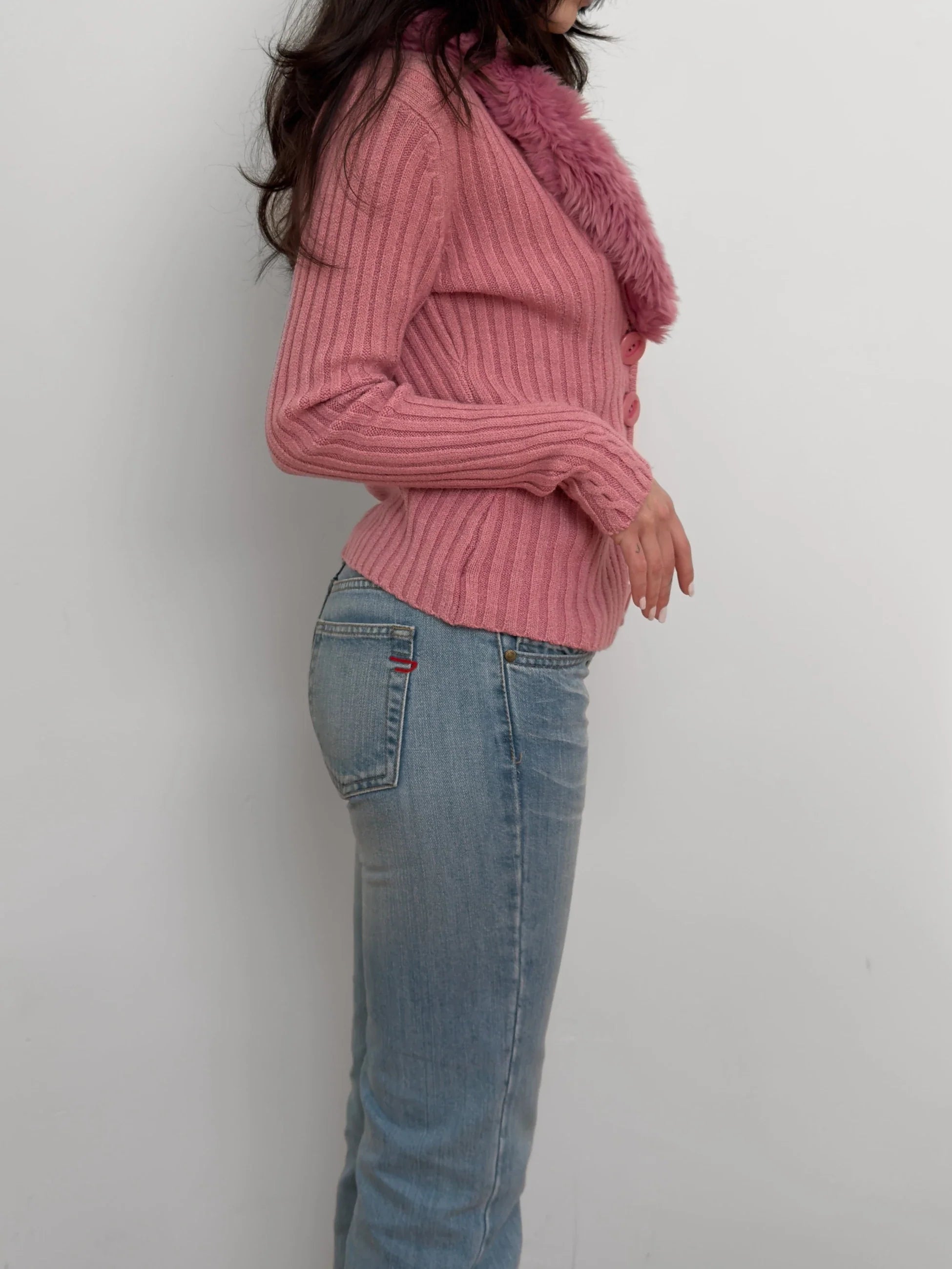 Fur-Trimmed Pink Cardigan