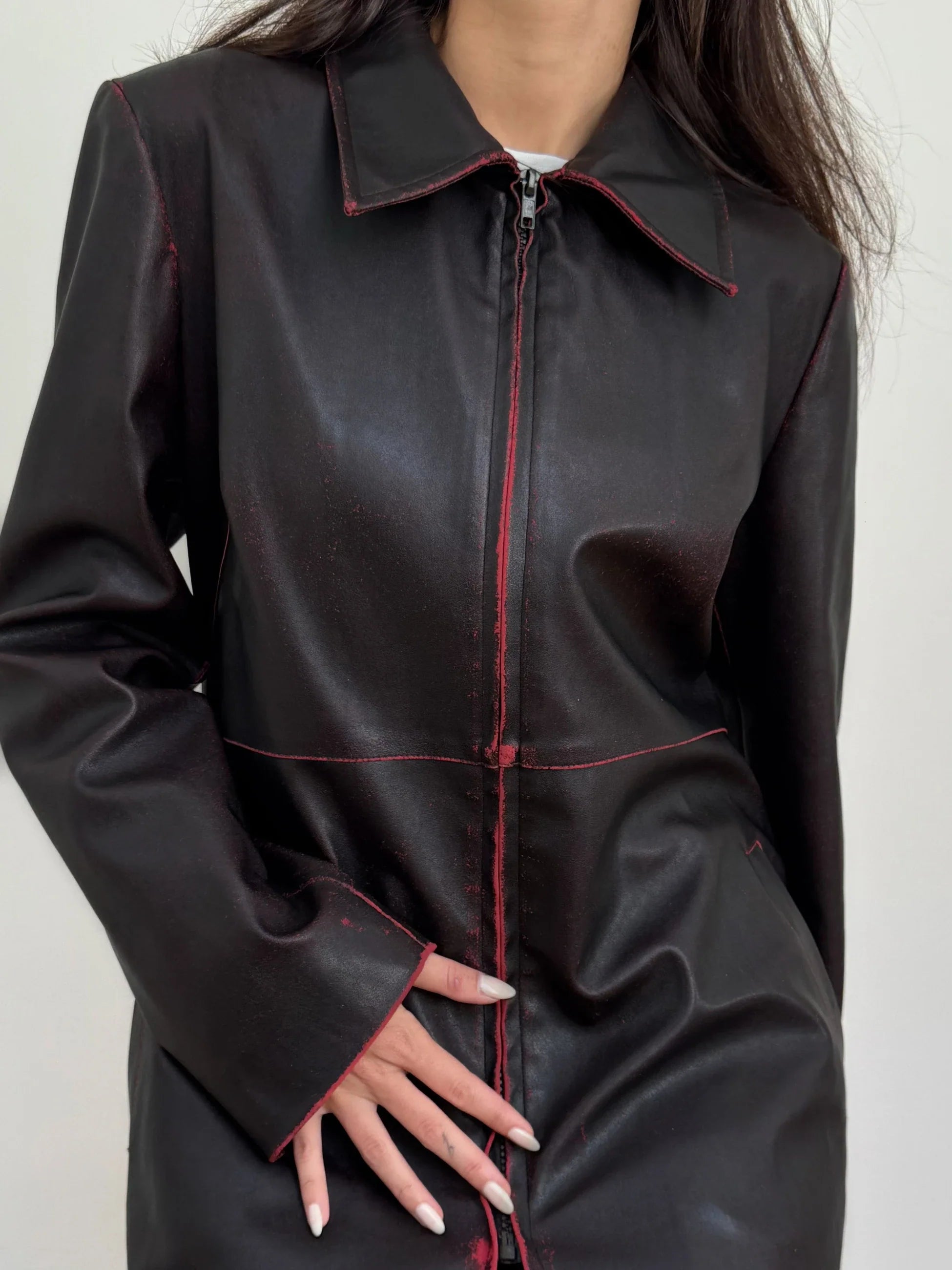 Distressed Faux Leather Trench Coat