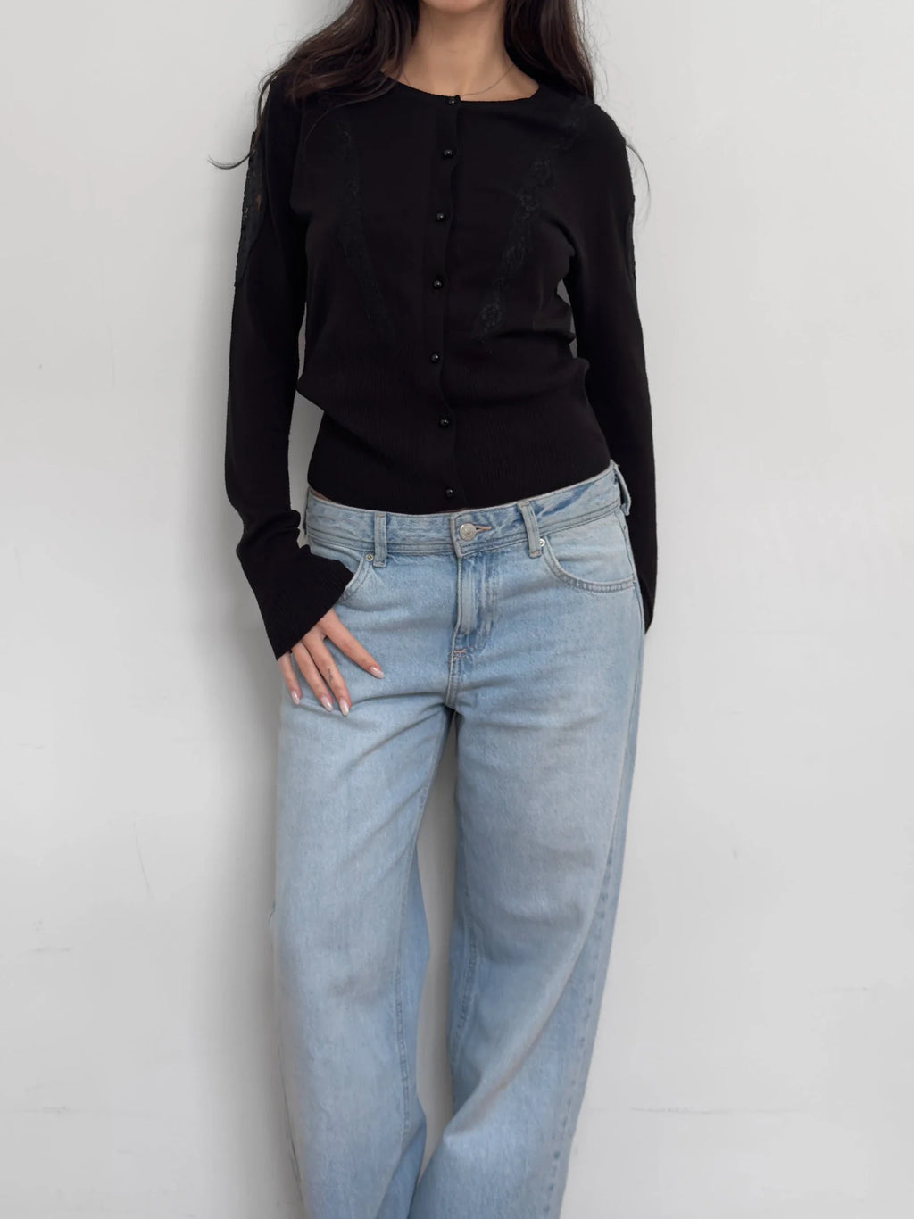Lace-Detailed Black Cardigan