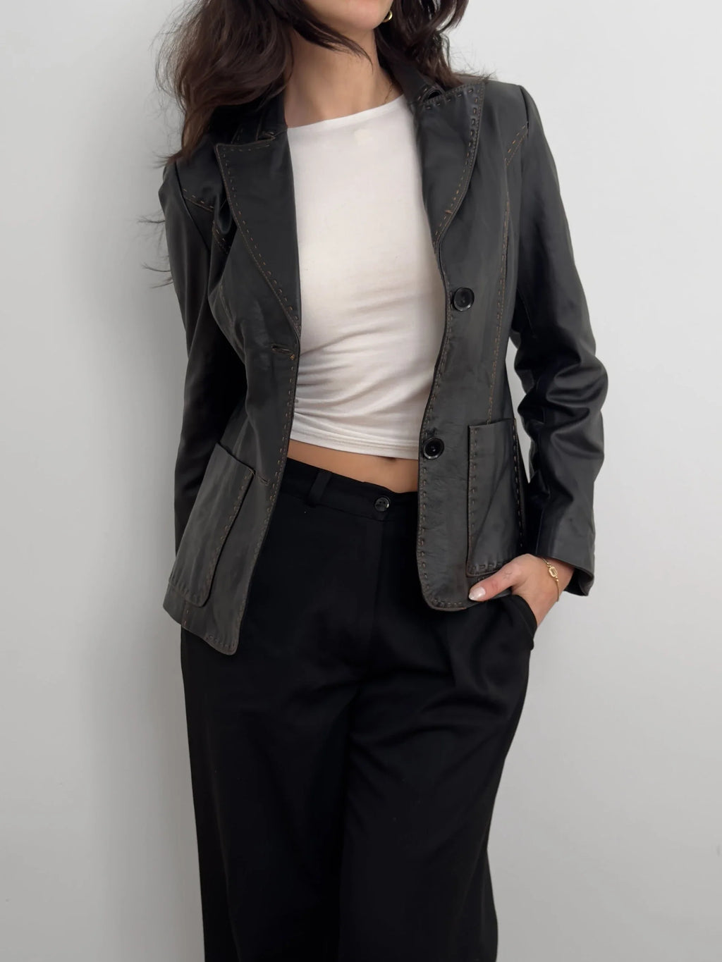 Contrast-Stitched Leather Jacket