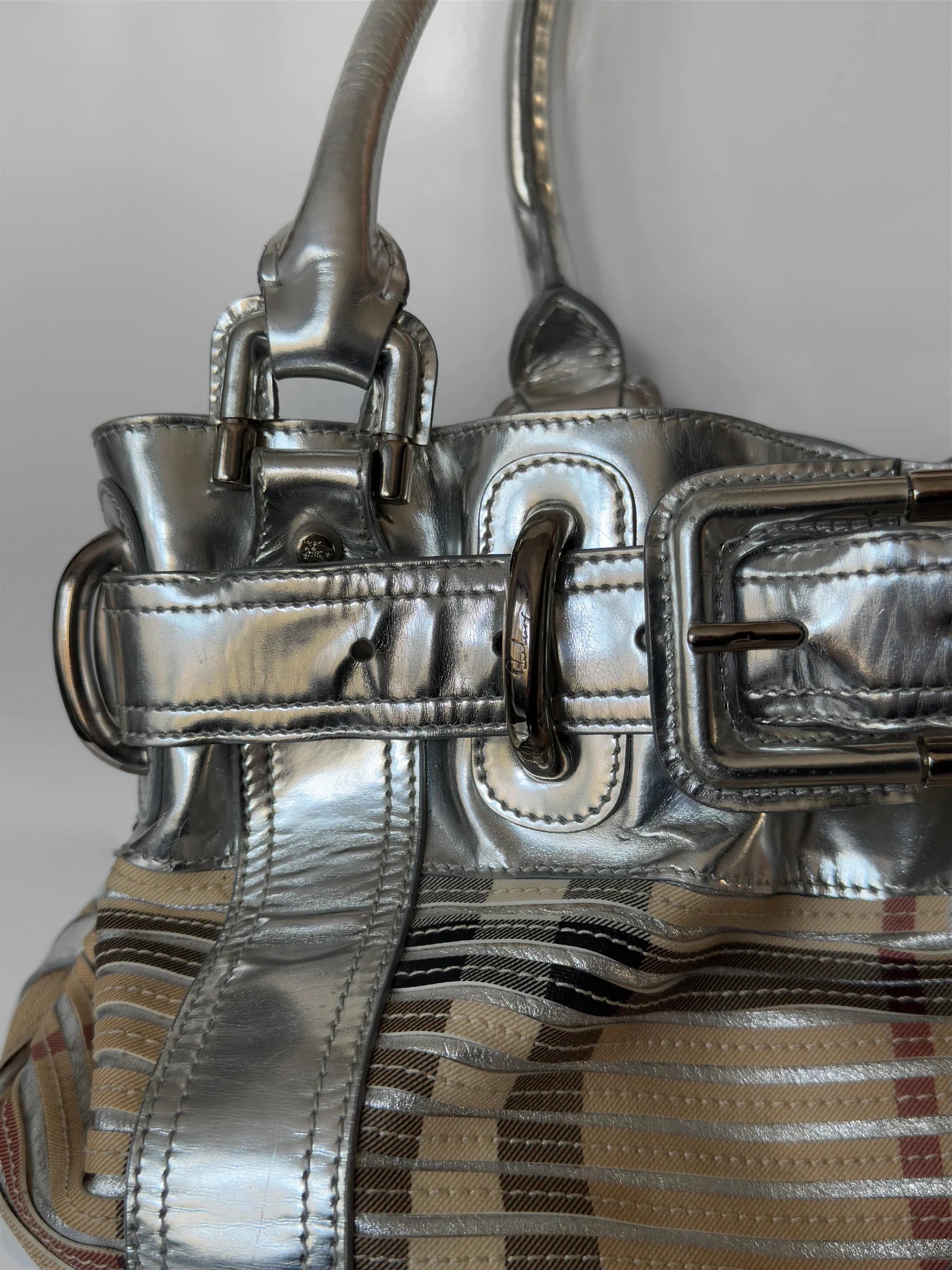 Burberry Sliced Check Silver Leather Bag