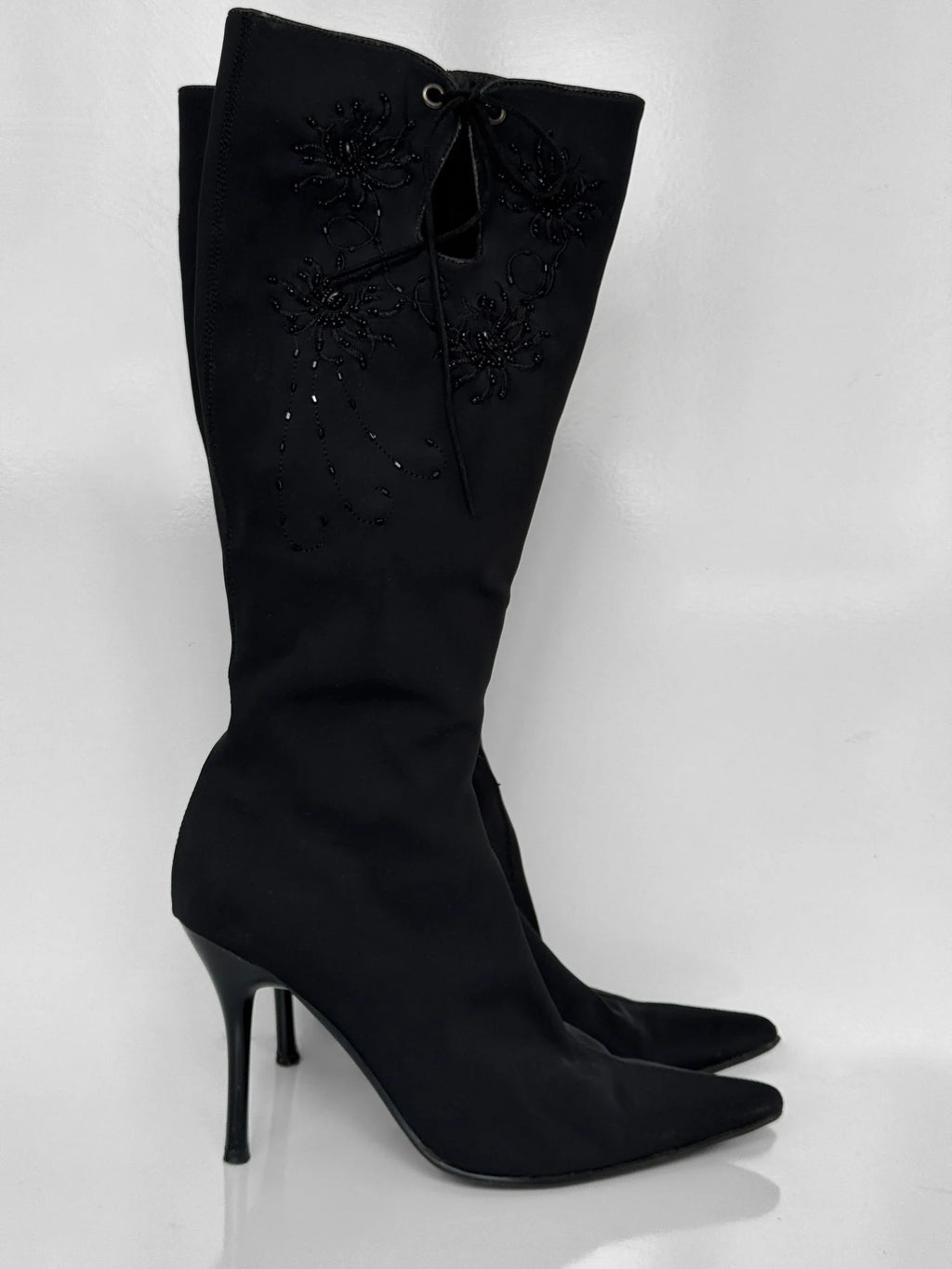 Bead-Embroidered Black Boots