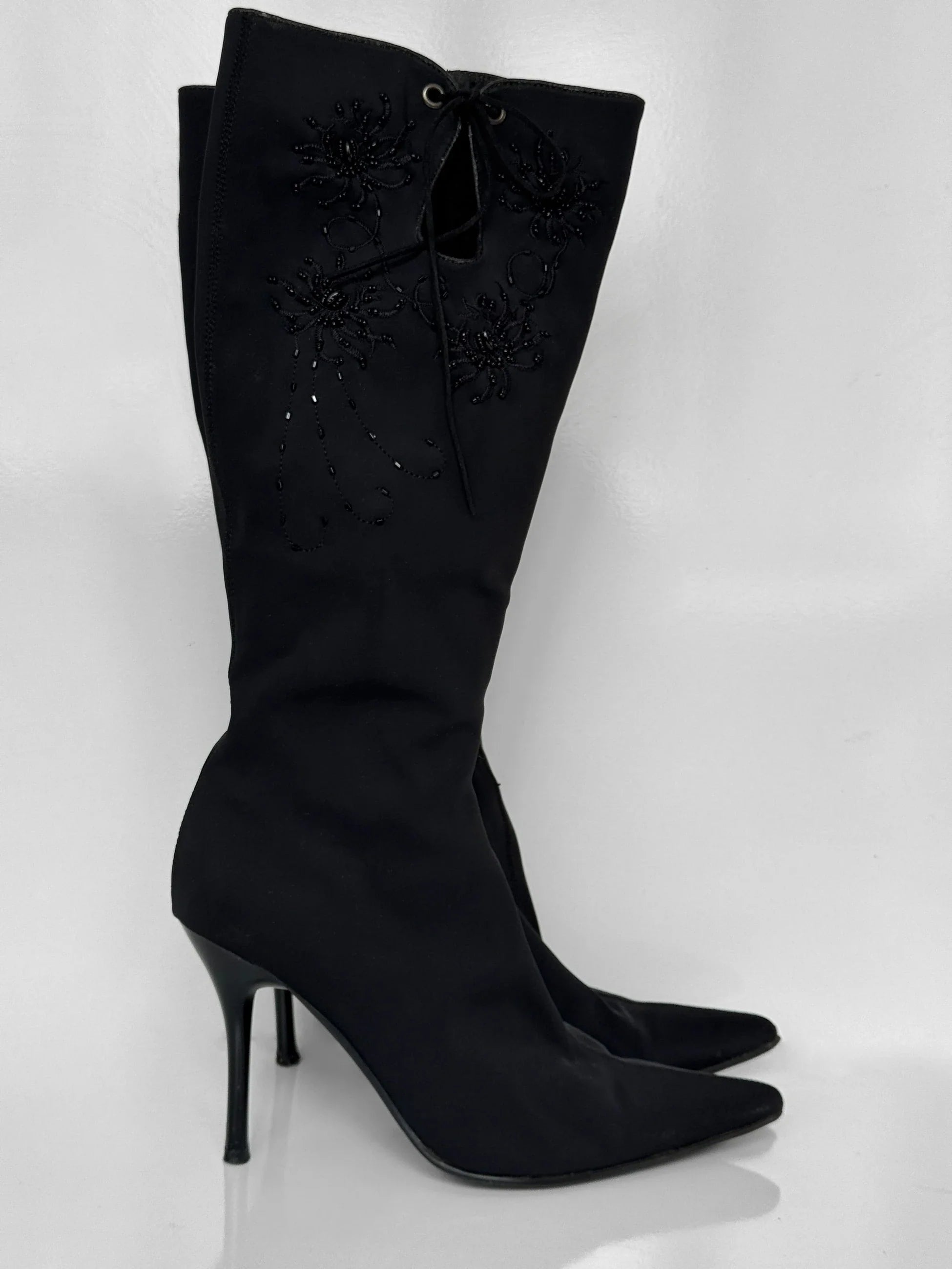 Bead-Embroidered Black Boots