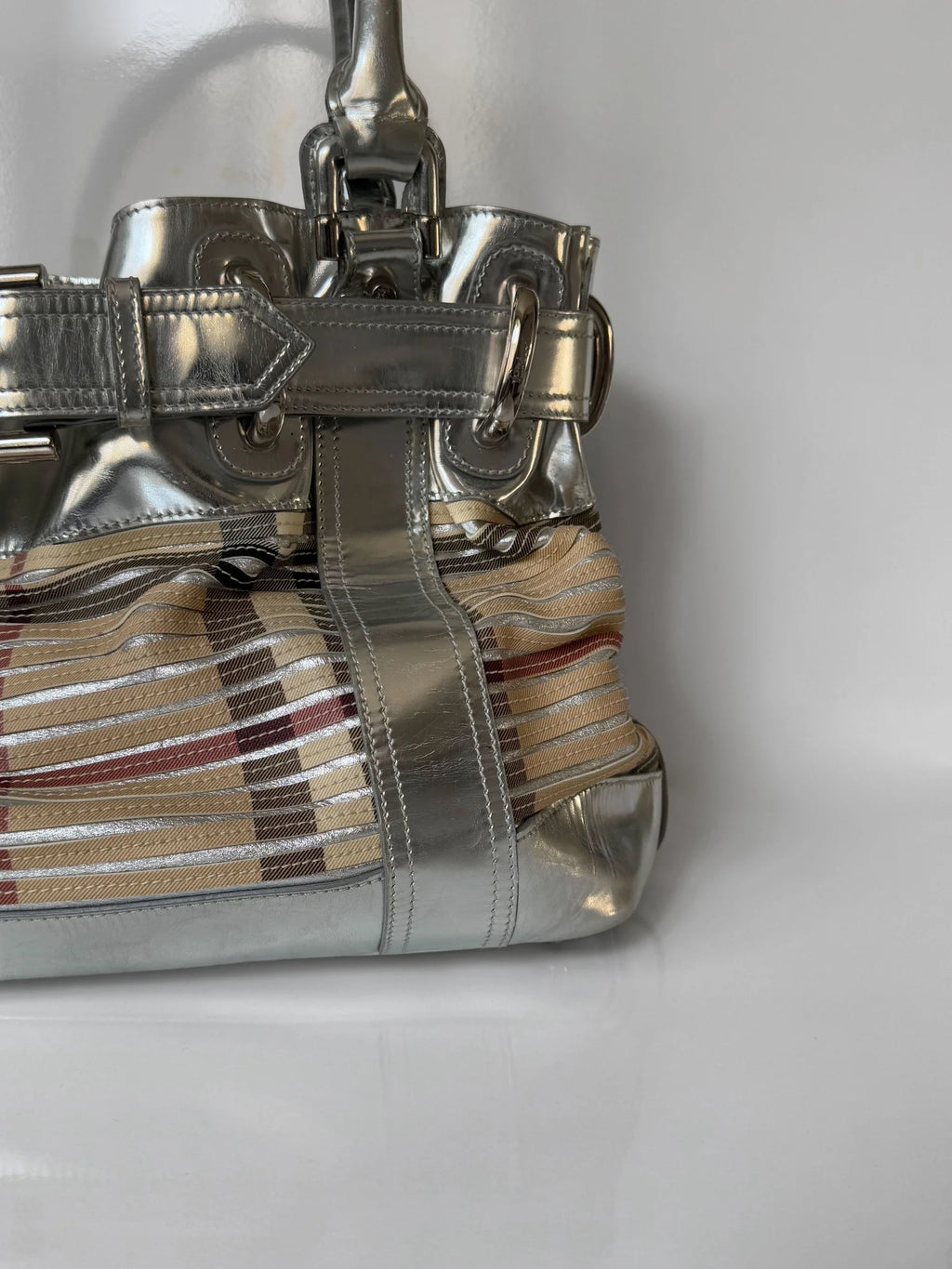 Burberry Sliced Check Silver Leather Bag