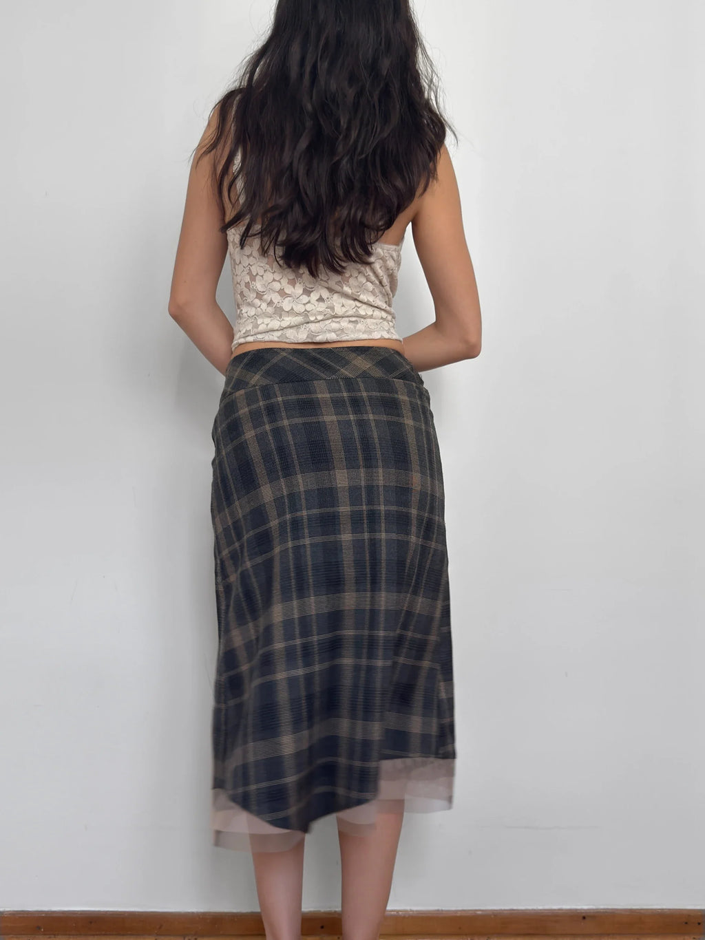 Tulle-Detailed Checked Skirt