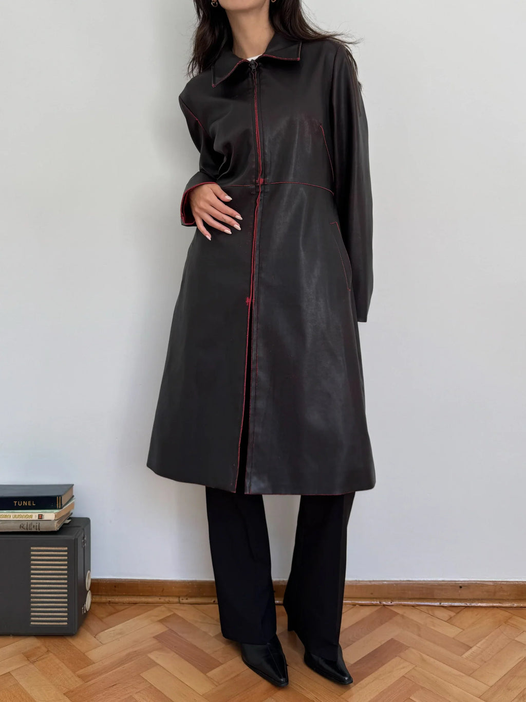 Distressed Faux Leather Trench Coat