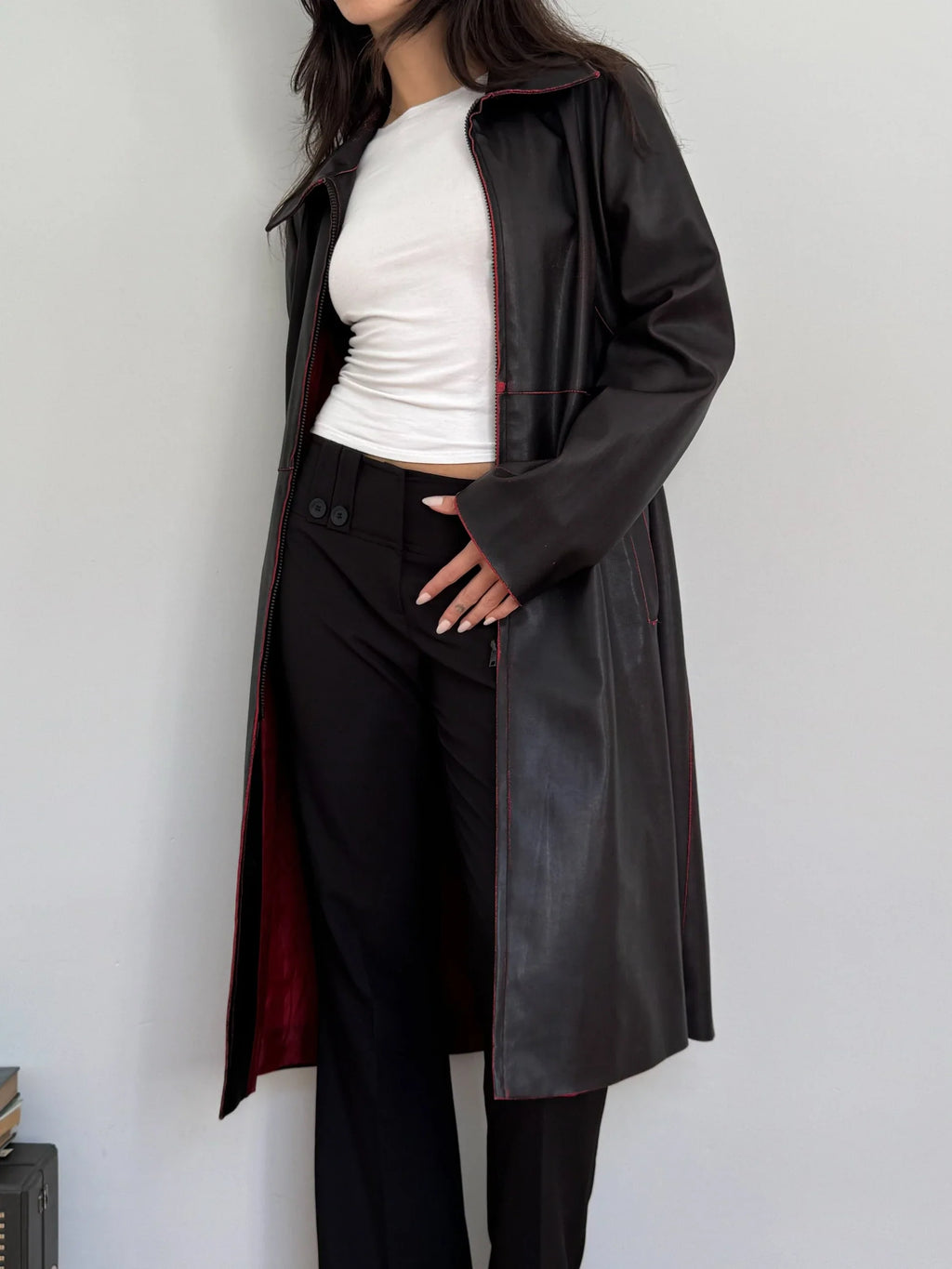 Distressed Faux Leather Trench Coat