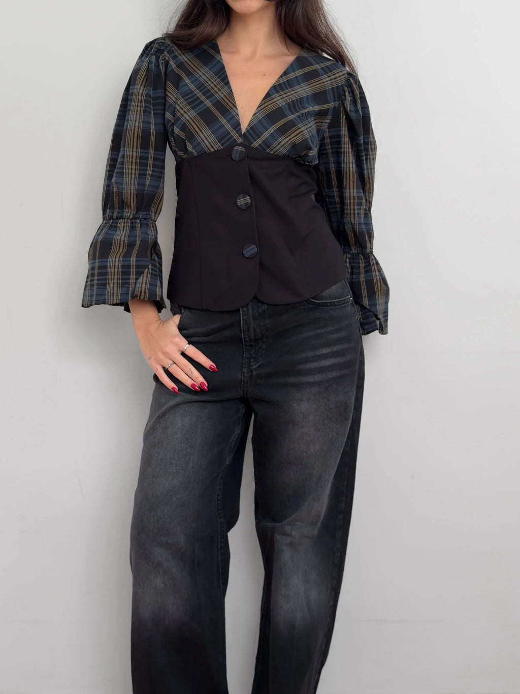 Plaid Balloon Sleeve Shirt