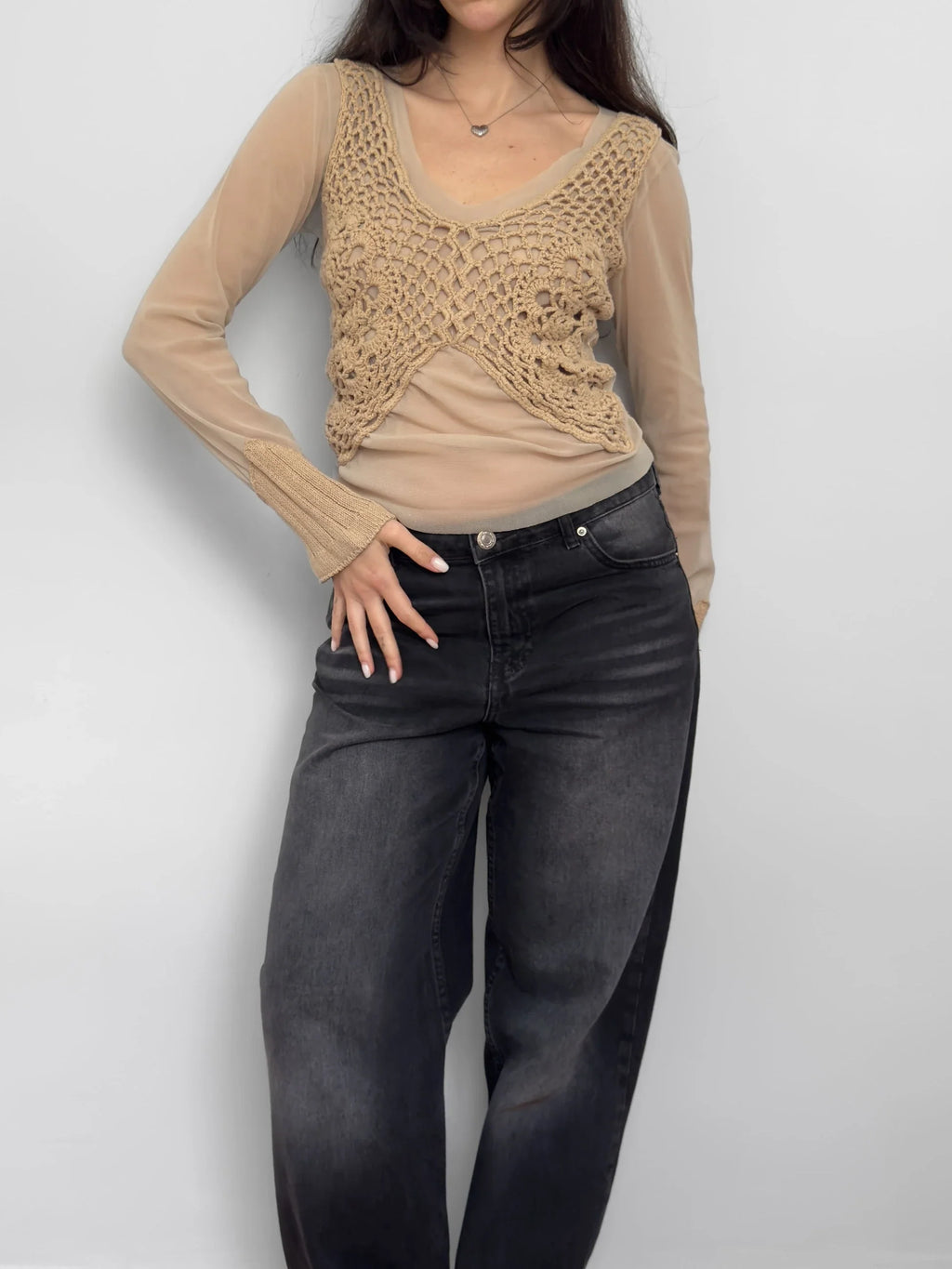 Tulle-Detailed Beige Sweater