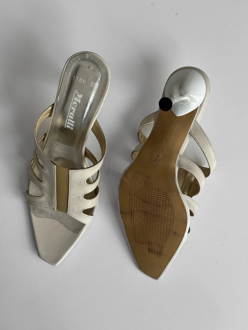 Ecru Leather Heeled Mules