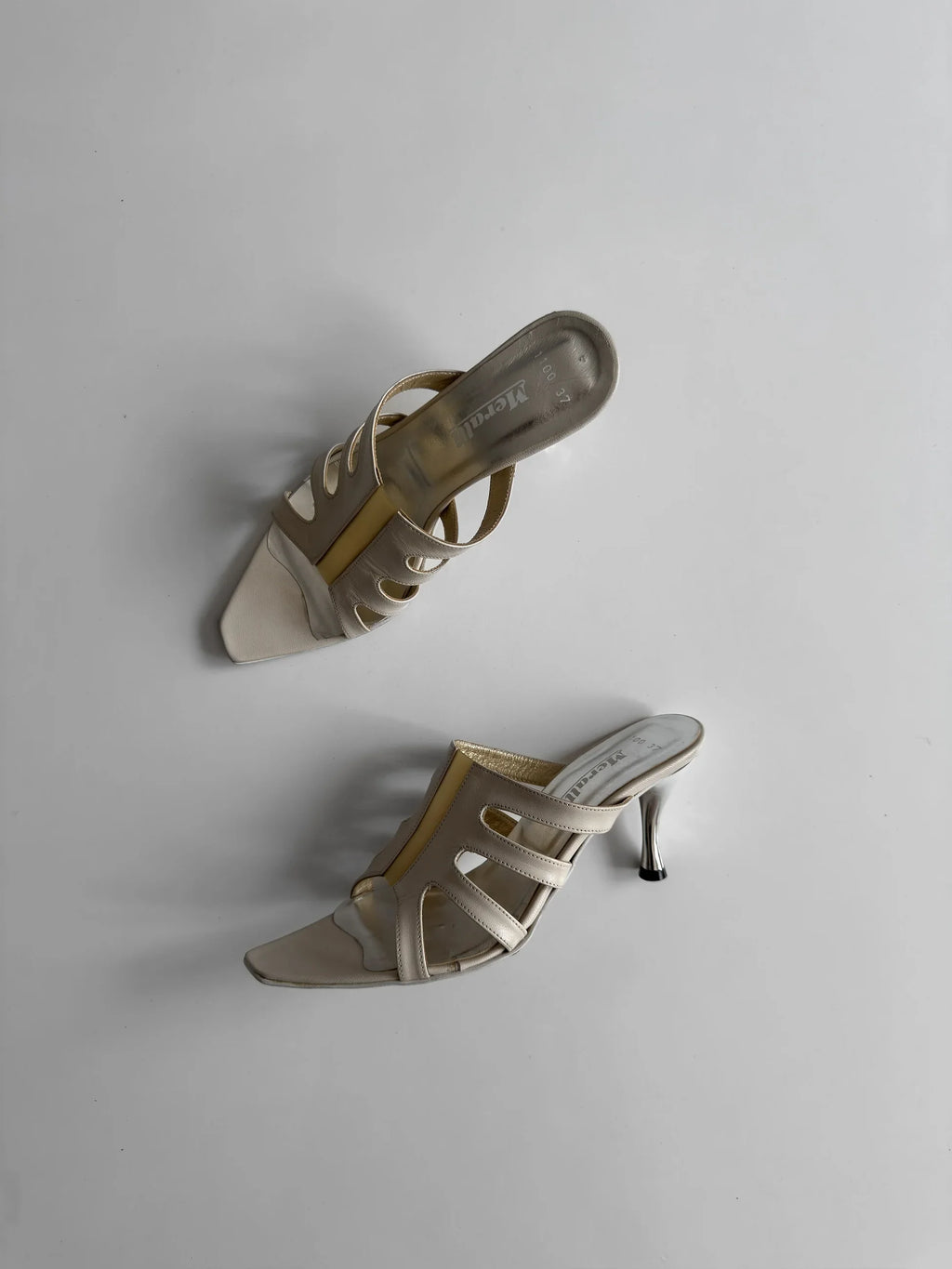 Ecru Leather Heeled Mules