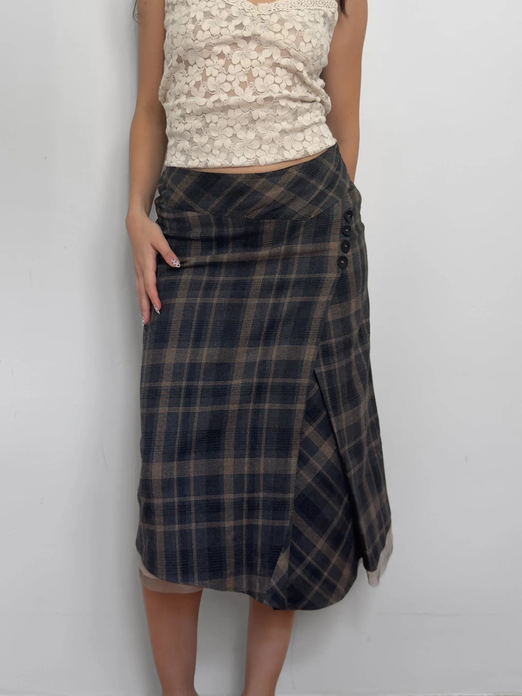 Tulle-Detailed Checked Skirt