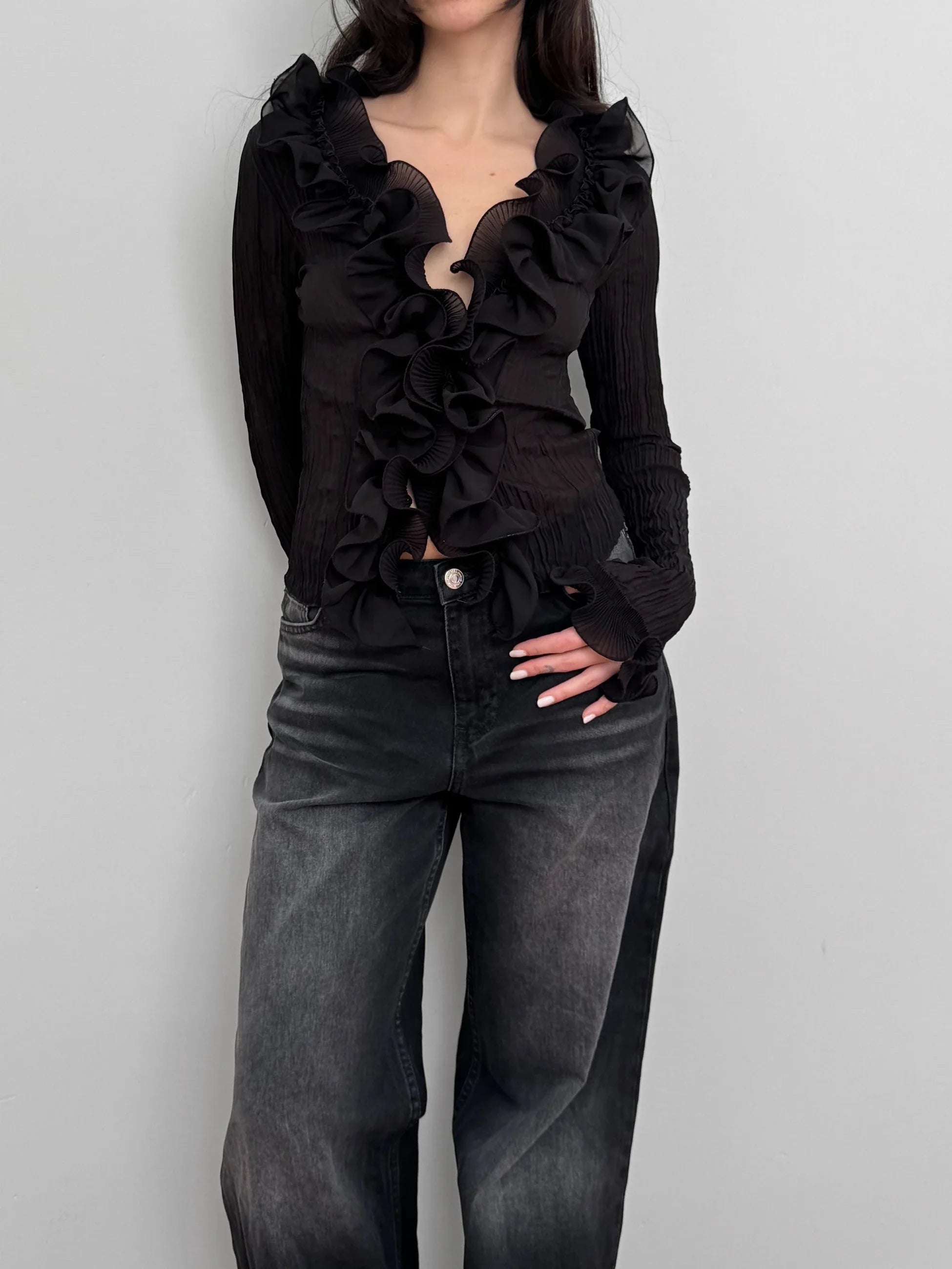 Black Ruffled Tulle Shirt