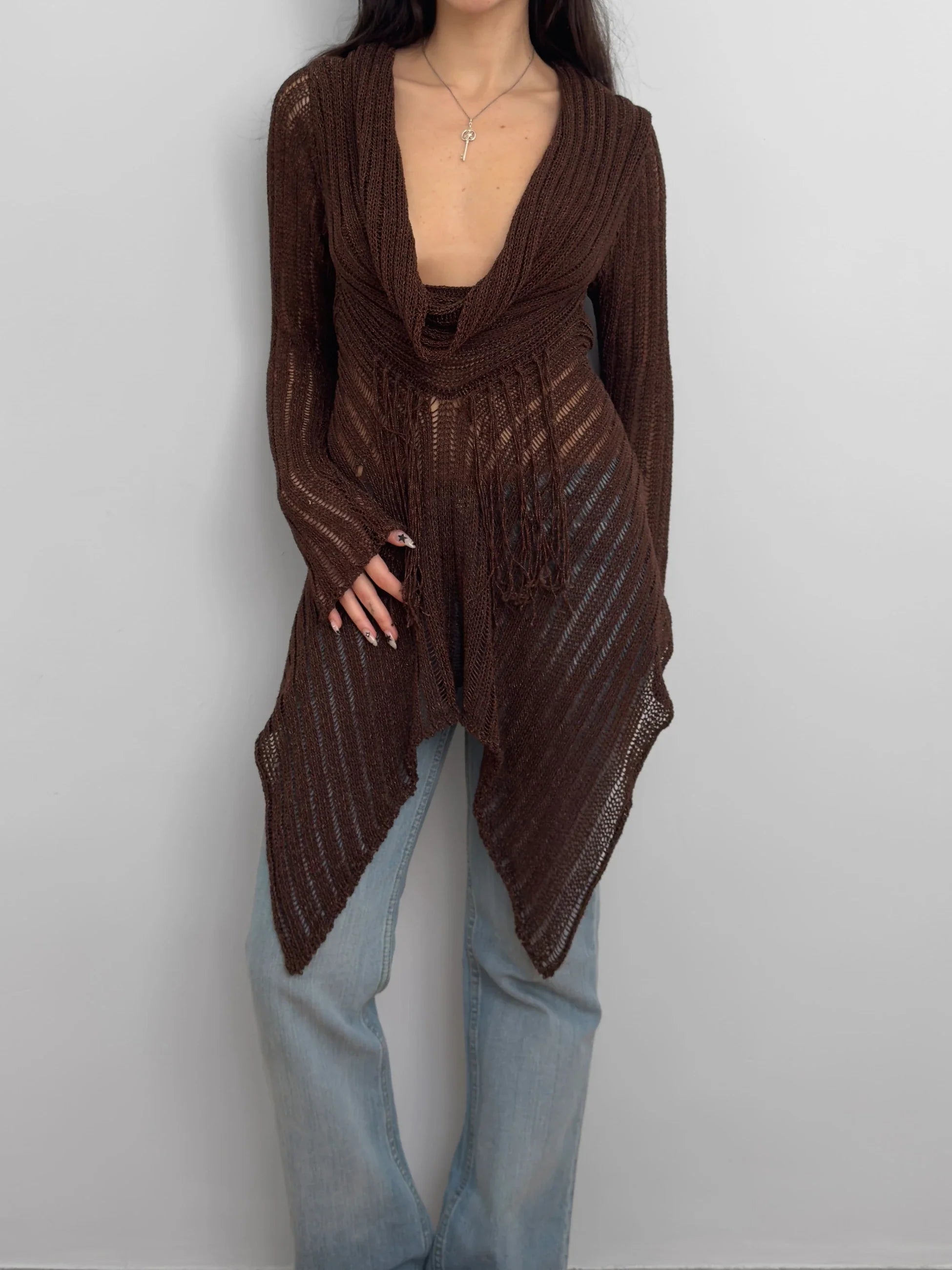 Brown Pointelle Sweater