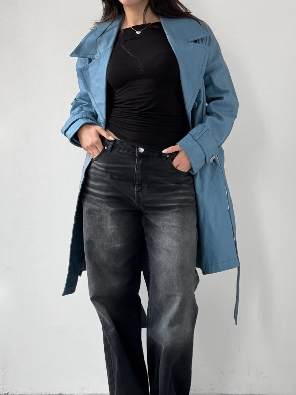 Blue Leather Trench Coat