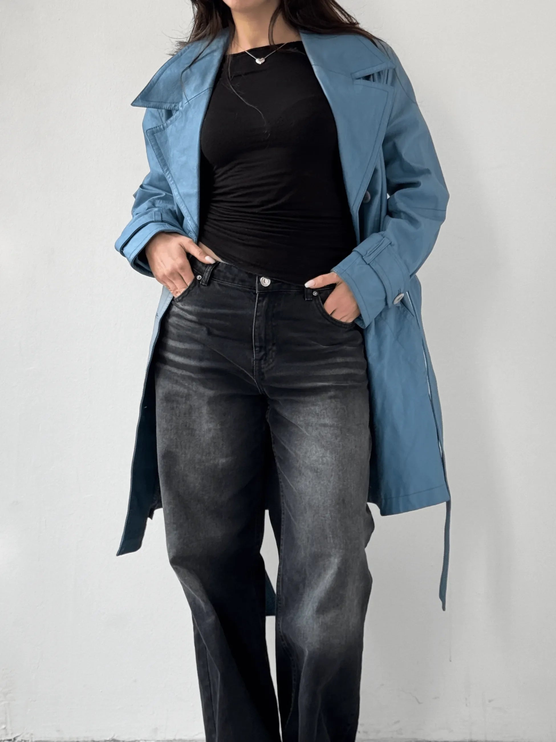 Blue Leather Trench Coat