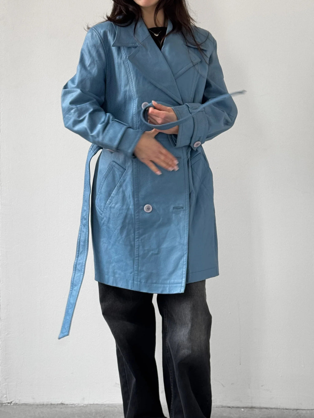 Blue Leather Trench Coat
