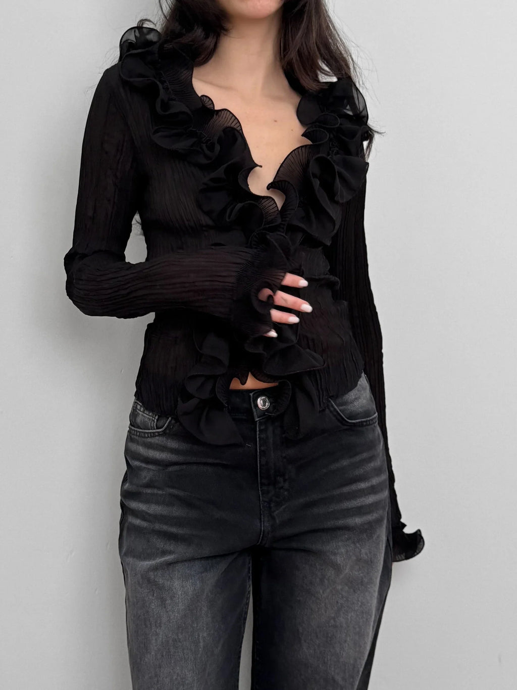 Black Ruffled Tulle Shirt
