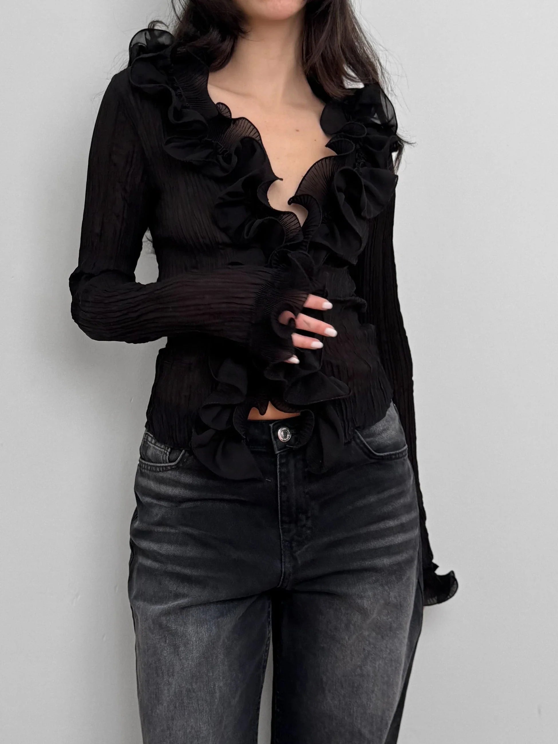 Black Ruffled Tulle Shirt