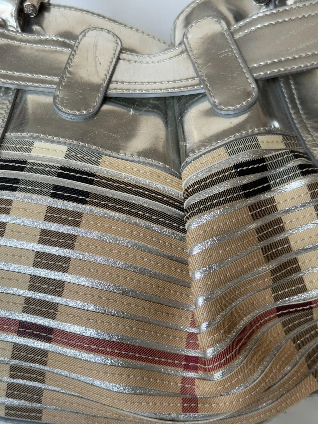 Burberry Sliced Check Silver Leather Bag