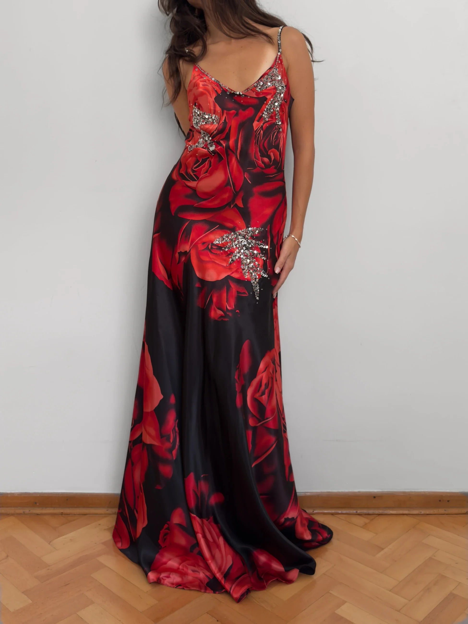 Patterned Satin Evening Dress
