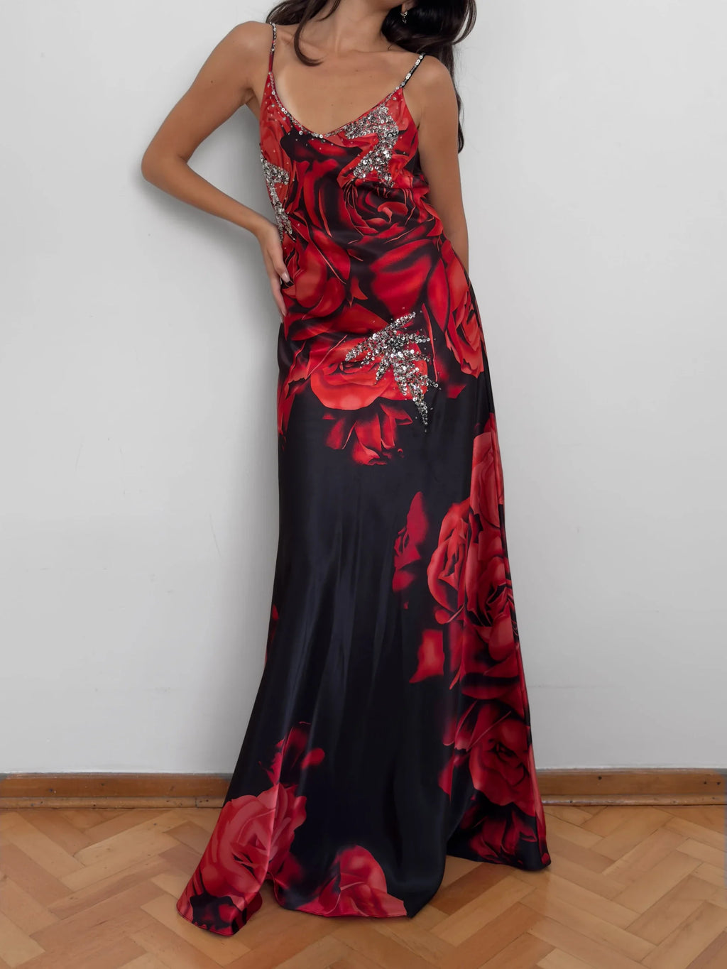 Patterned Satin Evening Dress