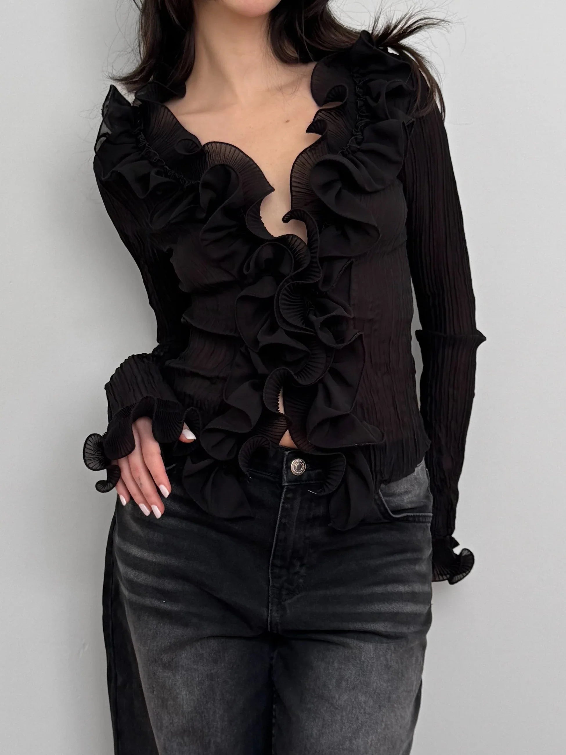 Black Ruffled Tulle Shirt
