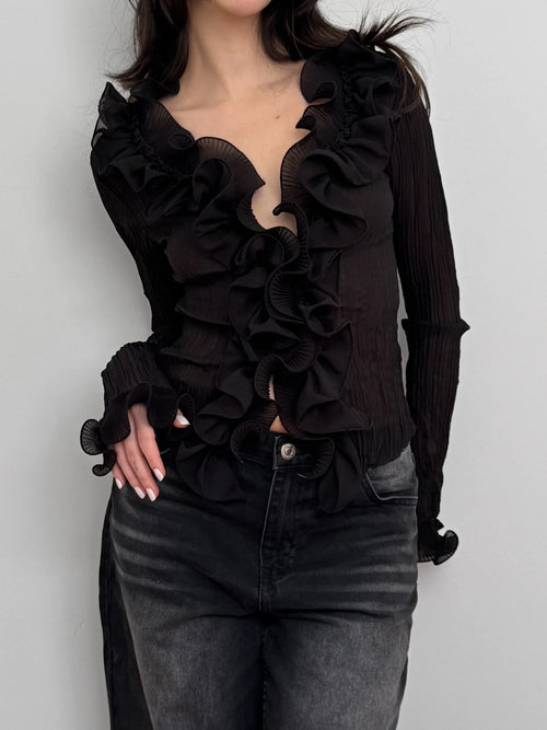 Black Ruffled Tulle Shirt