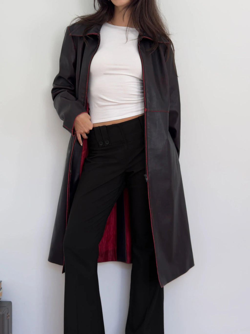 Distressed Faux Leather Trench Coat