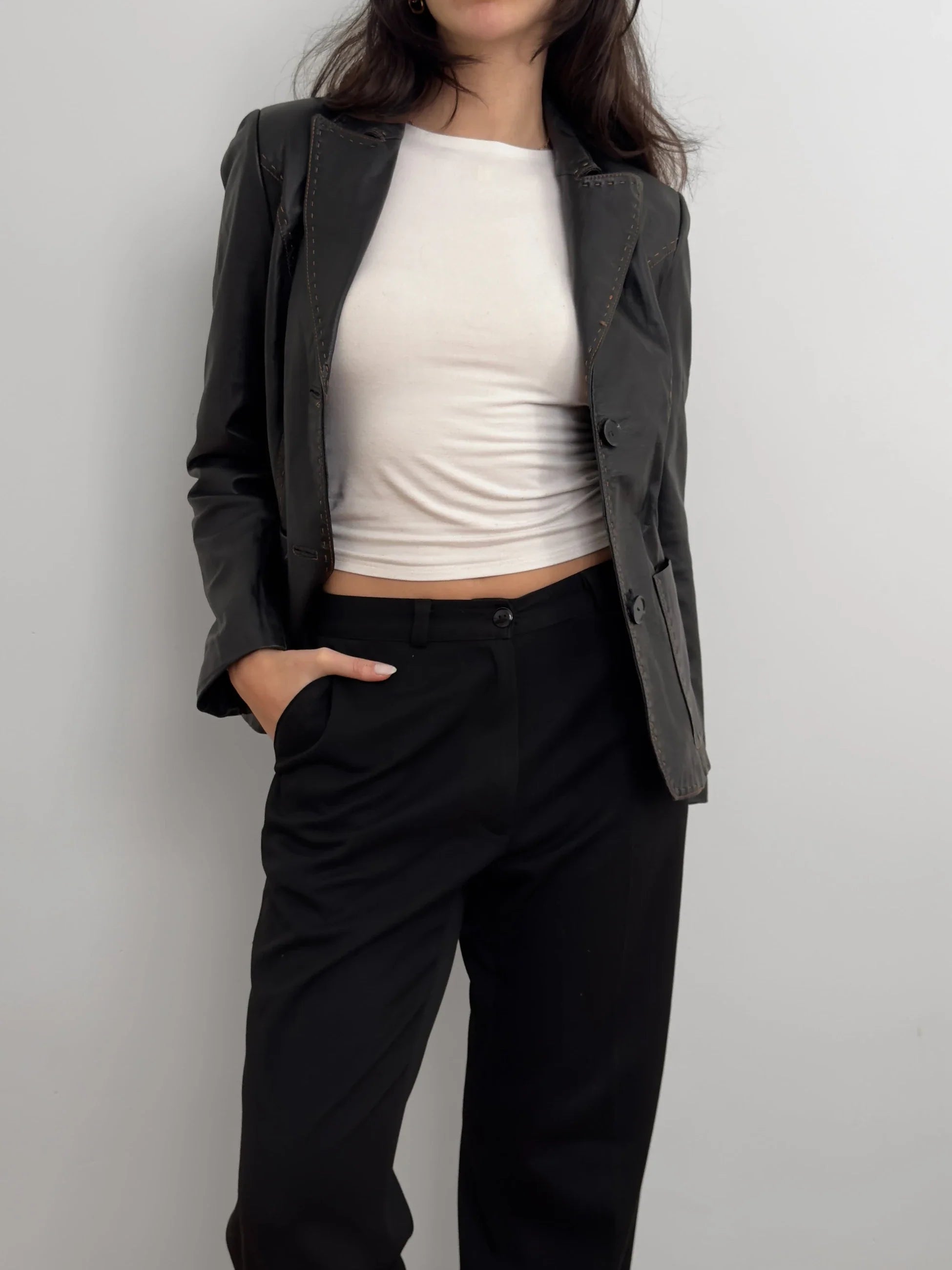 Contrast-Stitched Leather Jacket