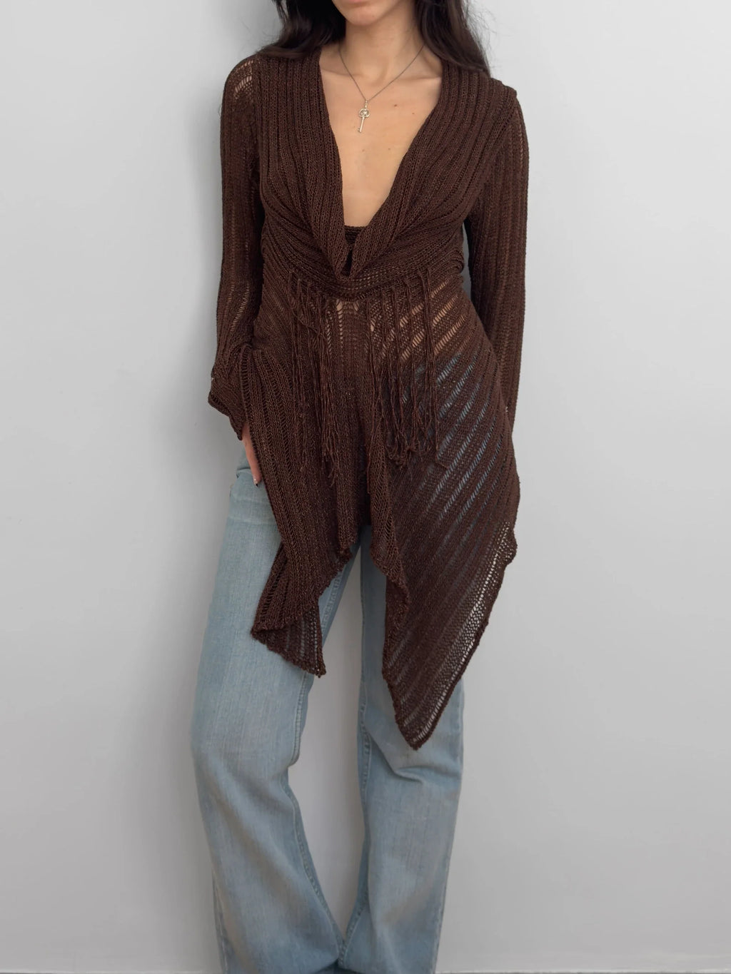 Brown Pointelle Sweater