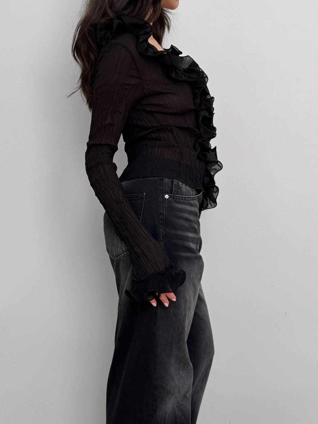 Black Ruffled Tulle Shirt