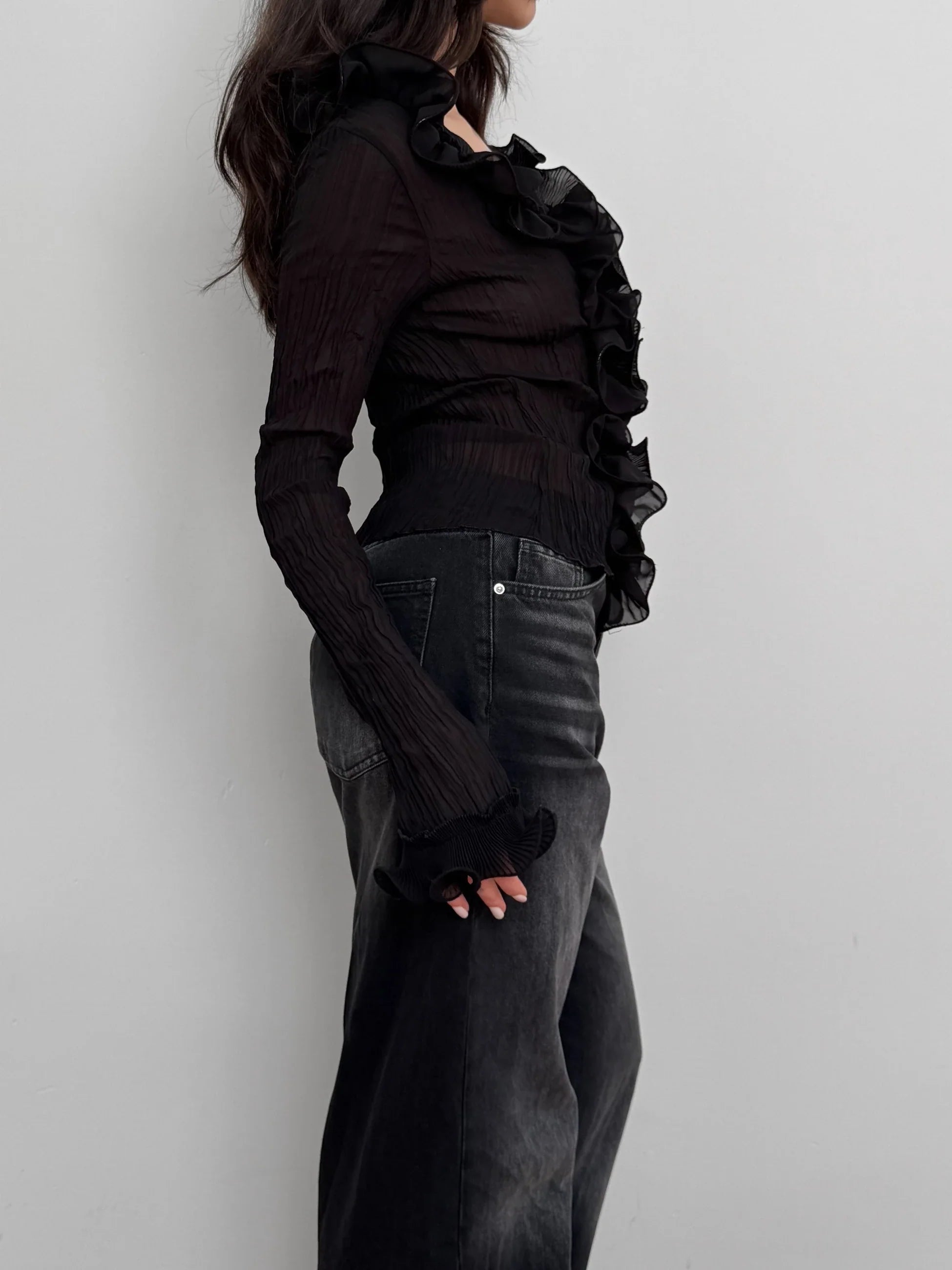 Black Ruffled Tulle Shirt