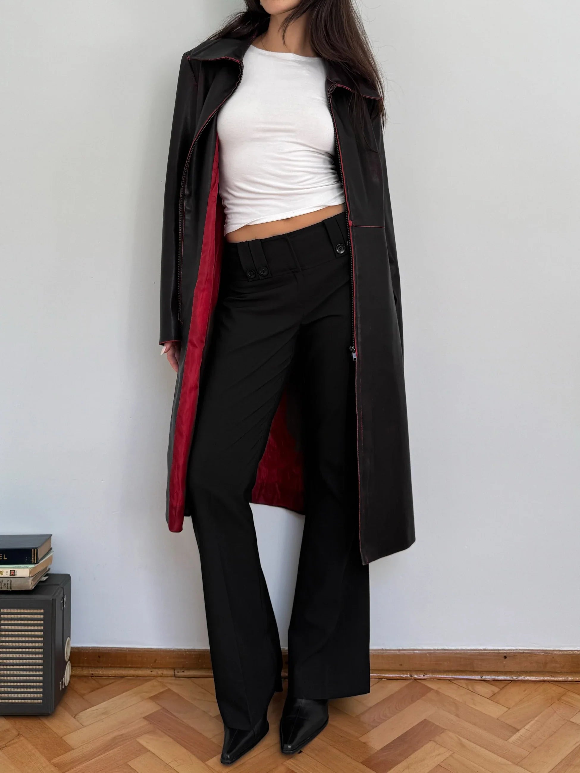 Distressed Faux Leather Trench Coat
