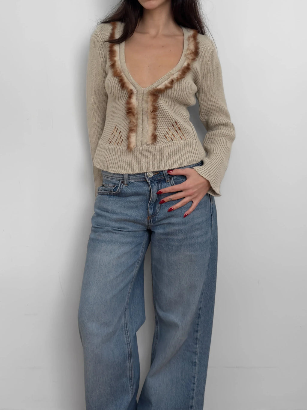 Feather-Detailed Beige Sweater