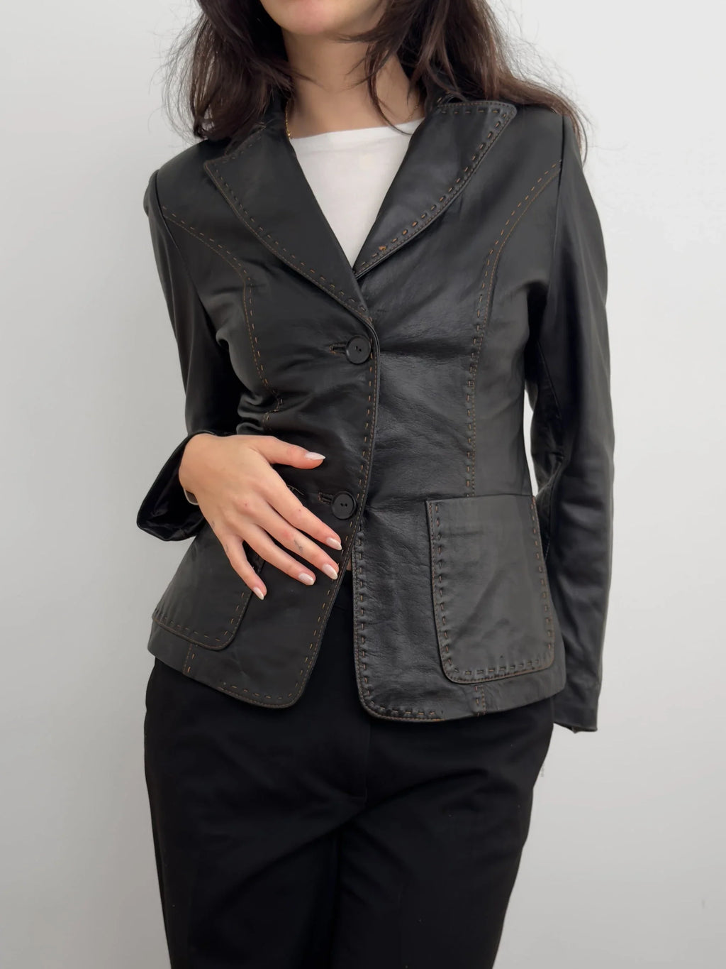 Contrast-Stitched Leather Jacket