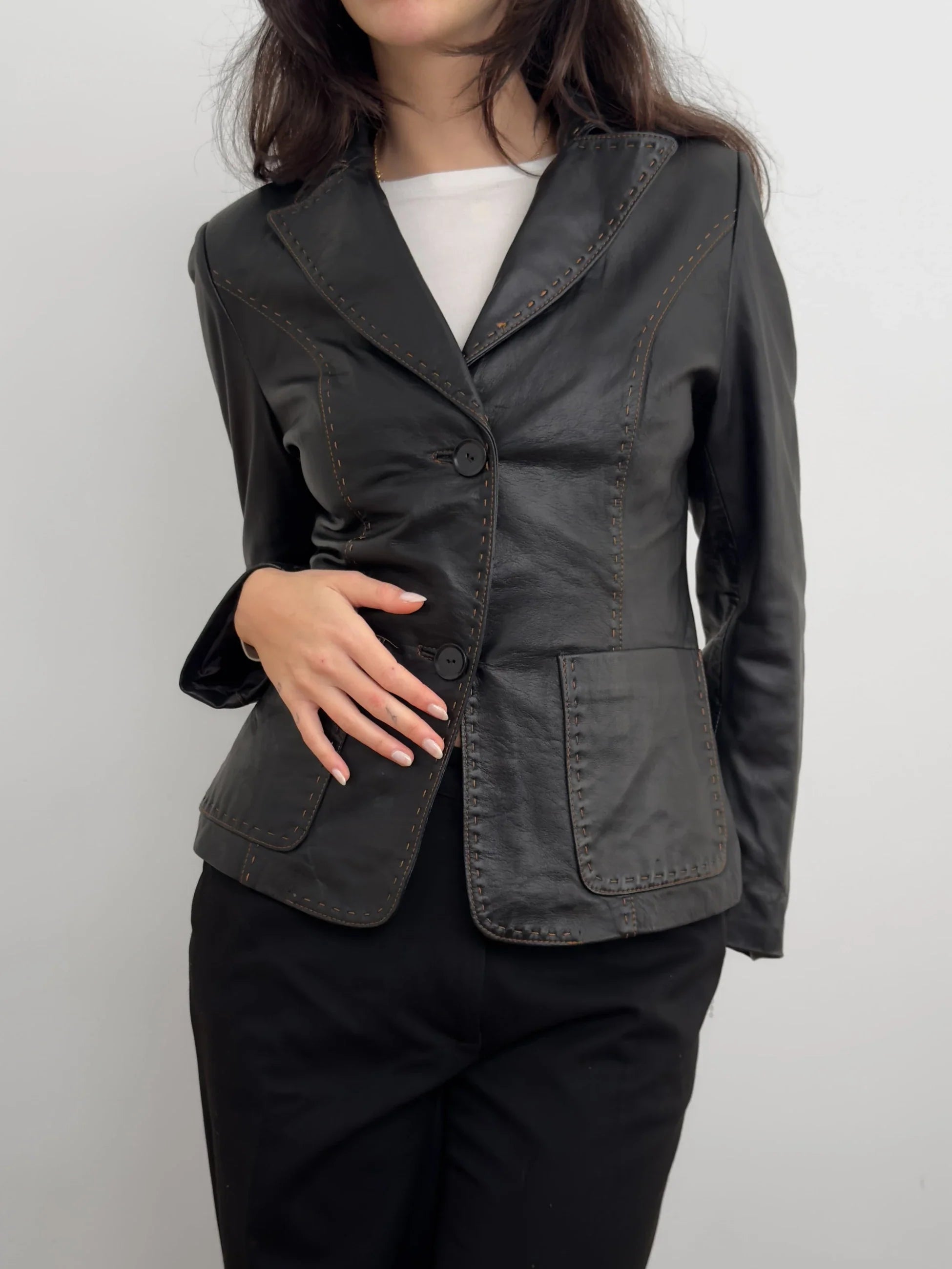 Contrast-Stitched Leather Jacket
