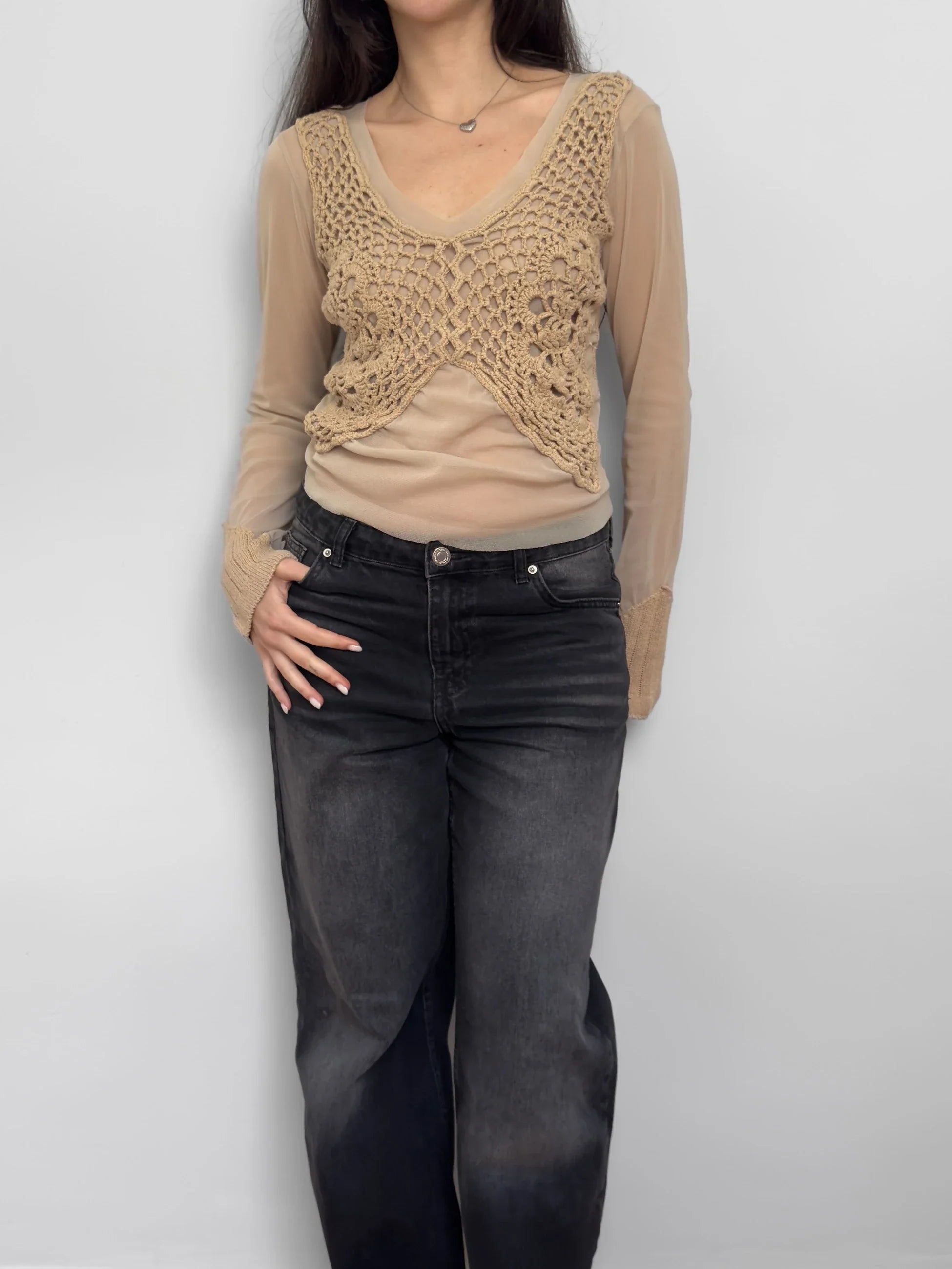 Tulle-Detailed Beige Sweater