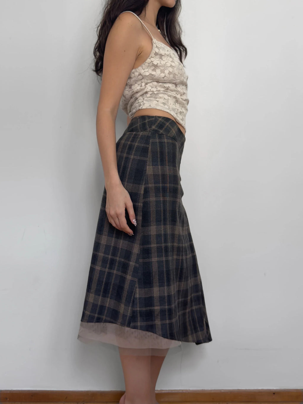 Tulle-Detailed Checked Skirt