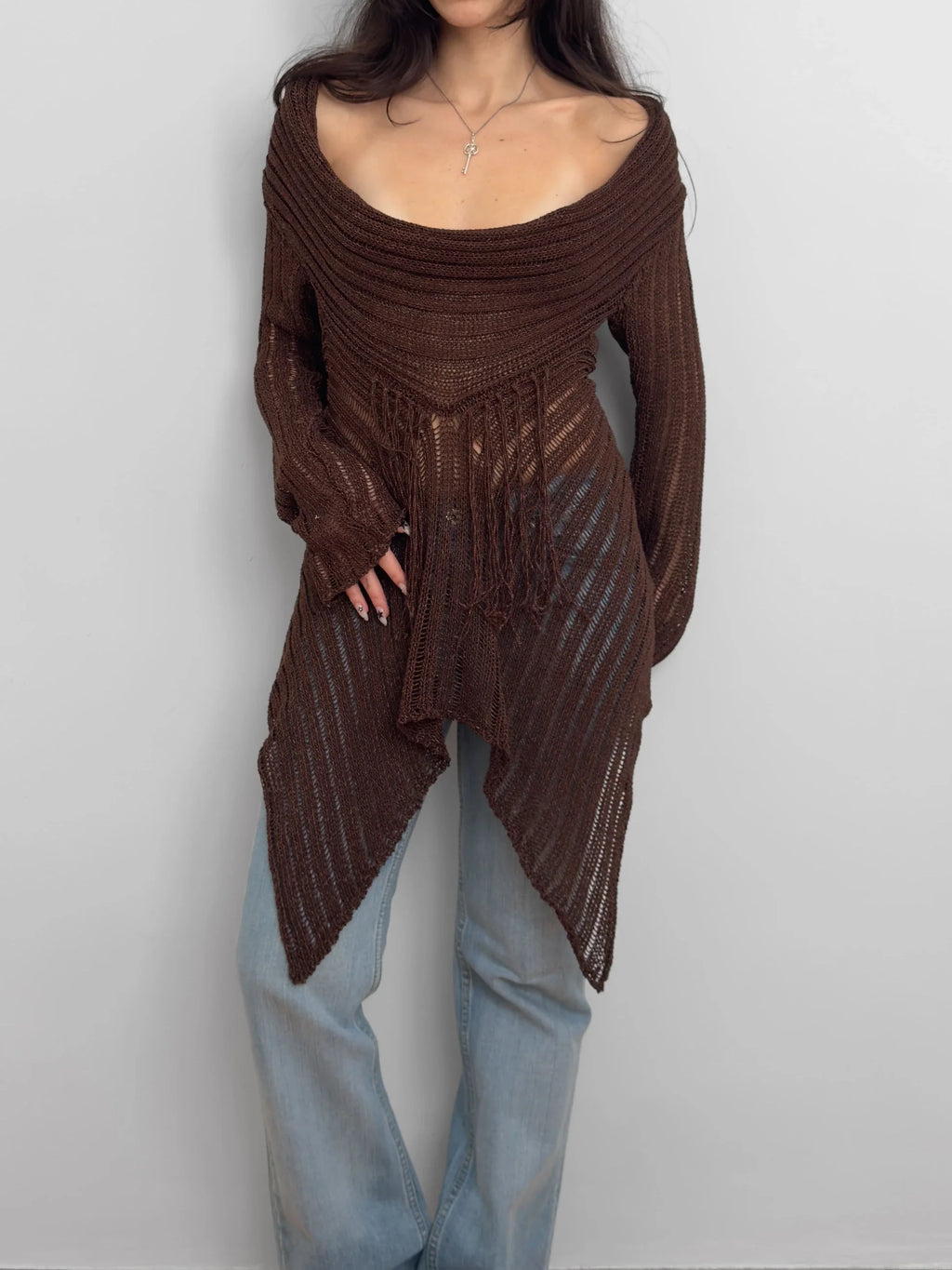 Brown Pointelle Sweater