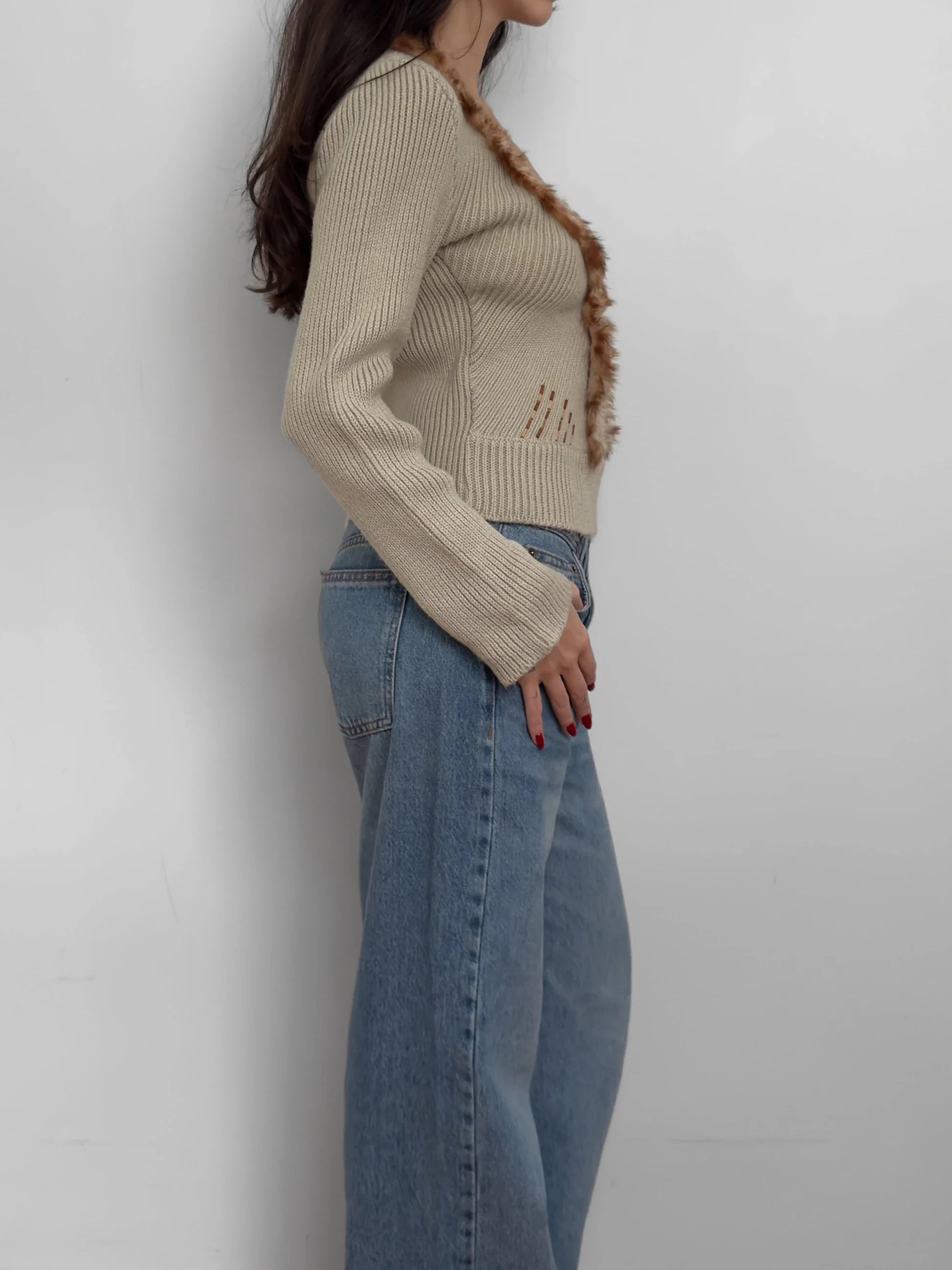 Feather-Detailed Beige Sweater