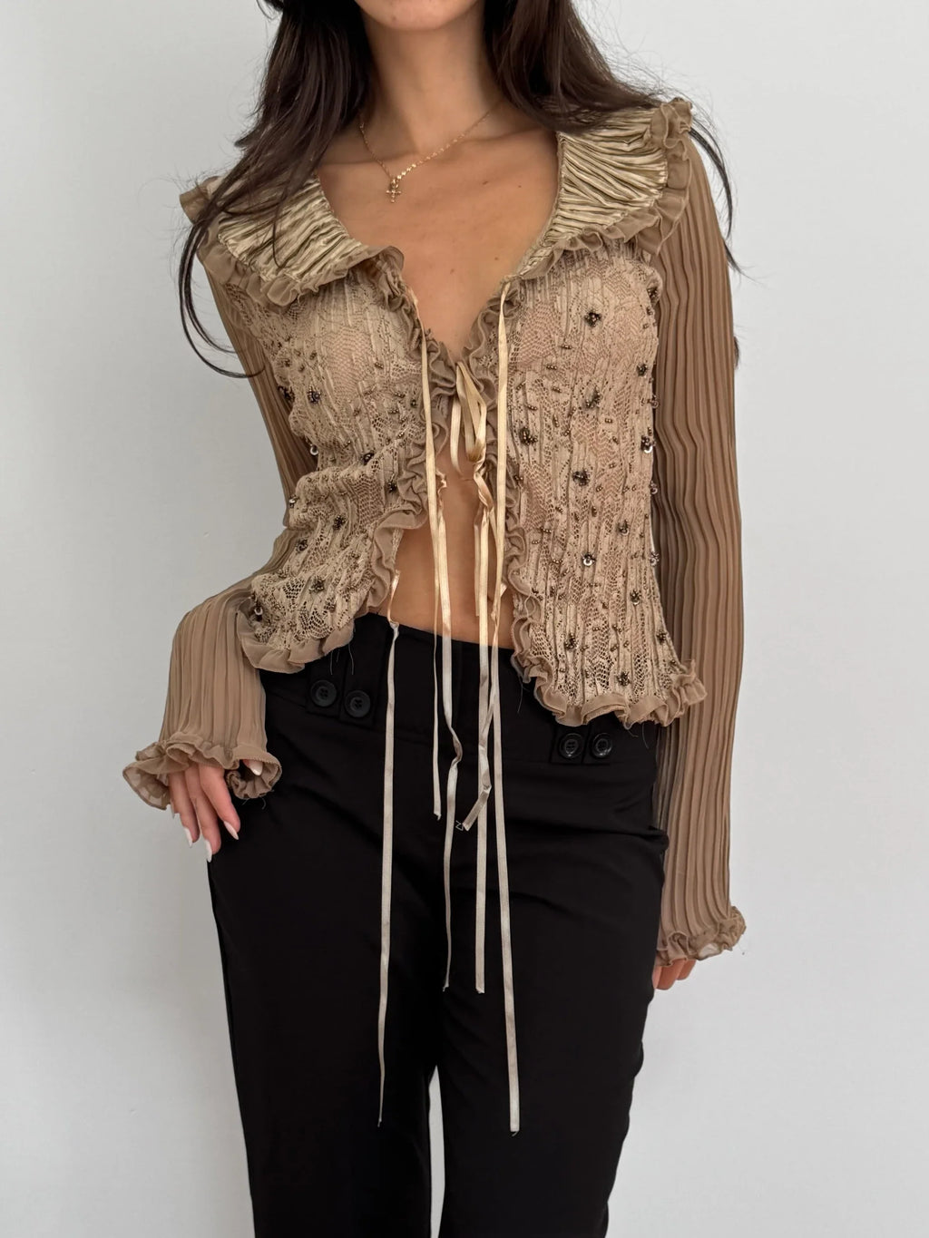 Lace-Detailed Tulle Blouse