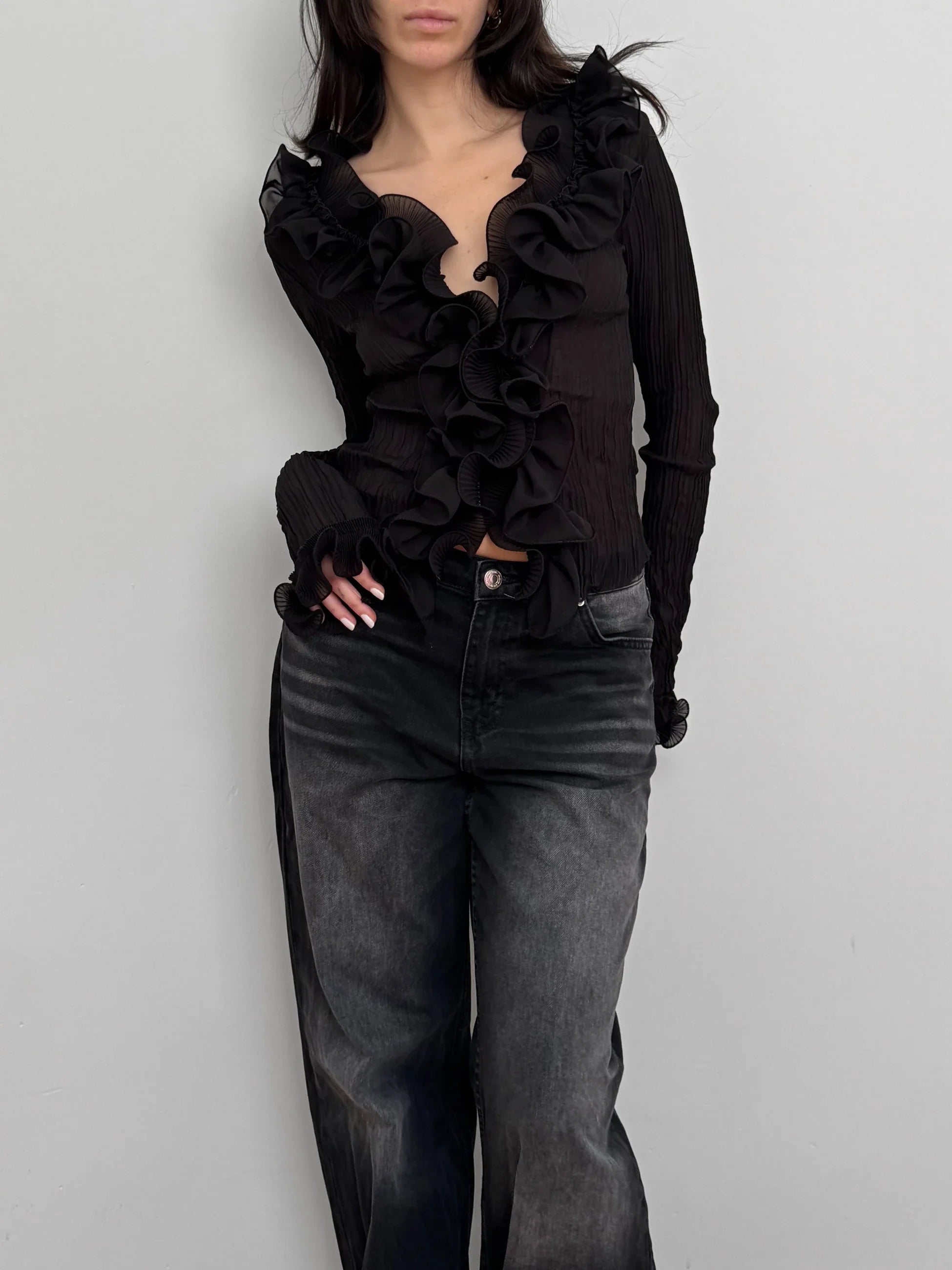 Black Ruffled Tulle Shirt