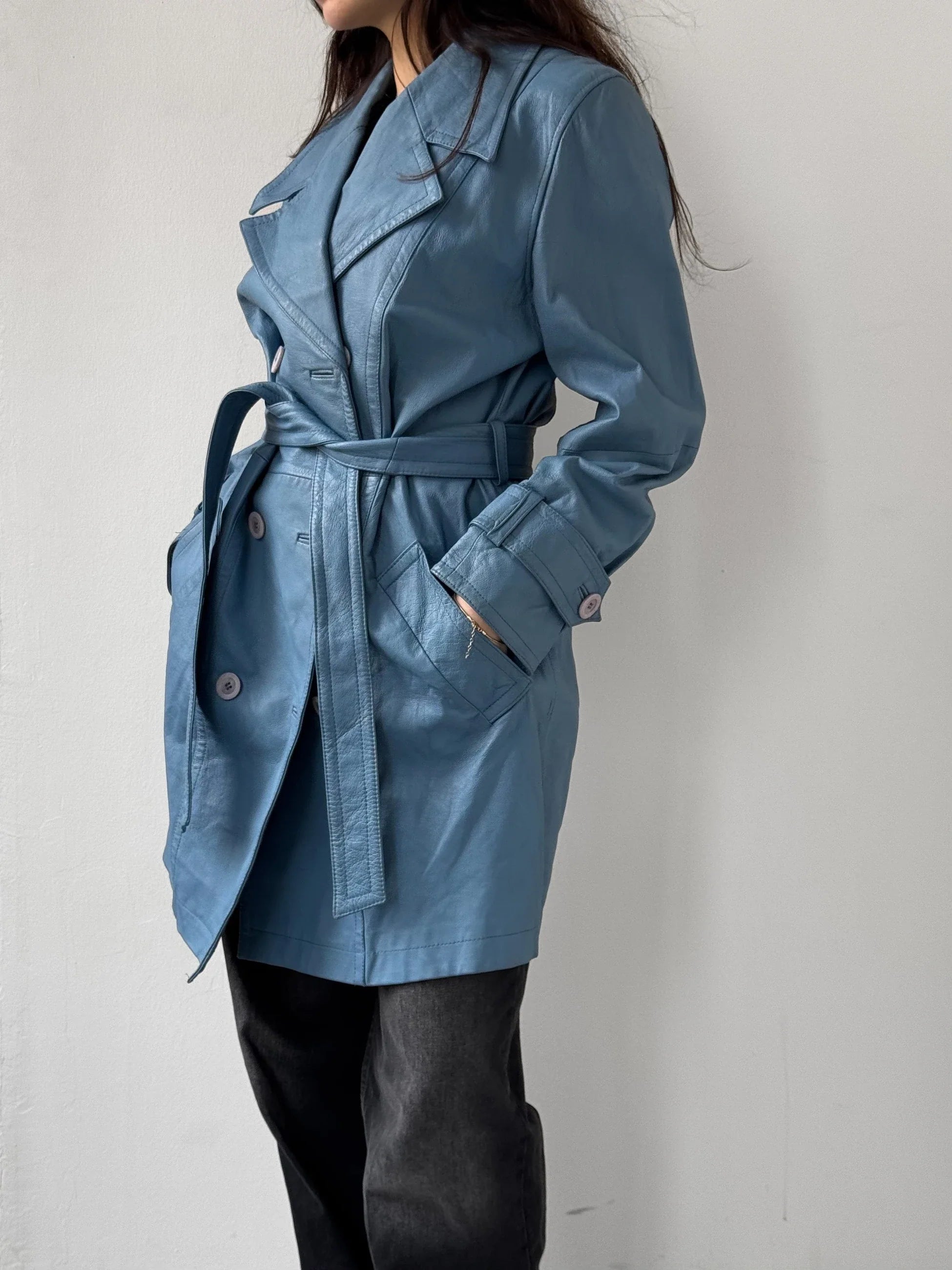 Blue Leather Trench Coat